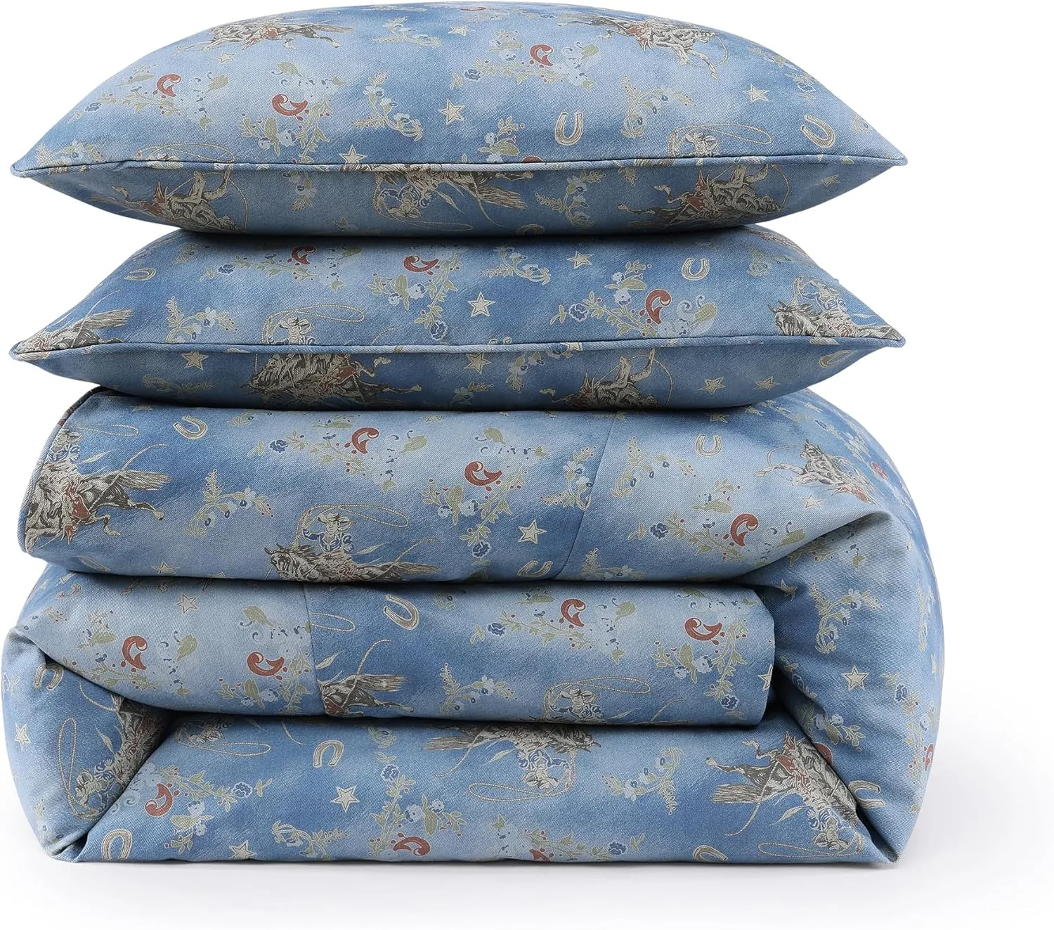H HIEND ACCENTS Tasha Polizzi for Paseo Road Lee Western 3 Piece Comforter Set, Queen Size, Washed Denim Bronc Rider Floral Horseshoe Print Bed Set, Western Bedding with Pillow Shams
