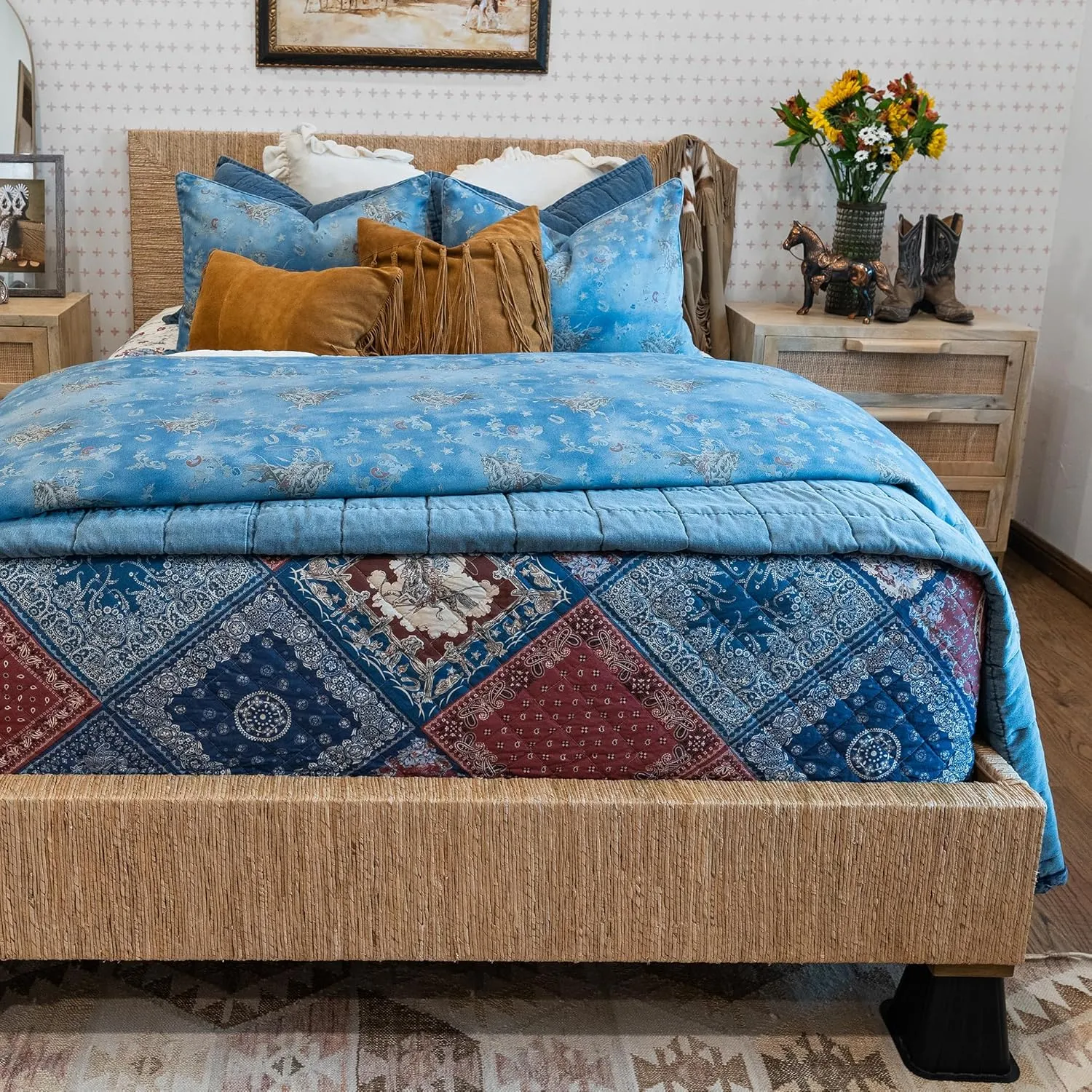 H HIEND ACCENTS Tasha Polizzi for Paseo Road Lee Western 3 Piece Comforter Set, Queen Size, Washed Denim Bronc Rider Floral Horseshoe Print Bed Set, Western Bedding with Pillow Shams