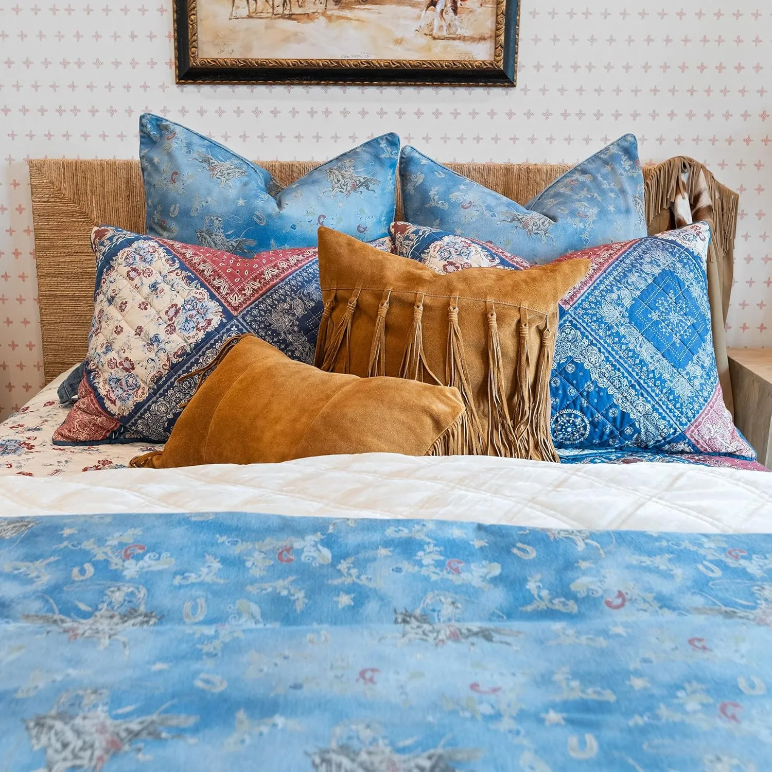 H HIEND ACCENTS Tasha Polizzi for Paseo Road Lee Western 3 Piece Comforter Set, Queen Size, Washed Denim Bronc Rider Floral Horseshoe Print Bed Set, Western Bedding with Pillow Shams