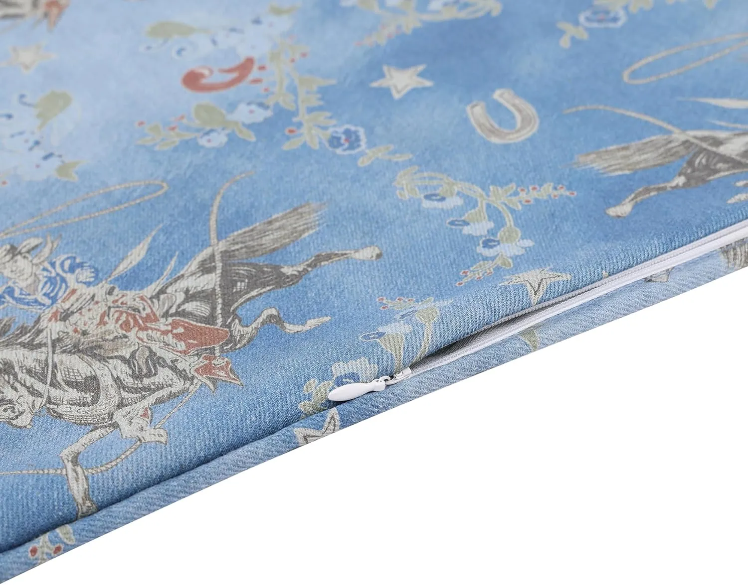 H HIEND ACCENTS Tasha Polizzi for Paseo Road Lee Western Euro Sham, 27x27 inch, Washed Denim, Bronc Rider Floral Horseshoe Print, Western Pillow Cover
