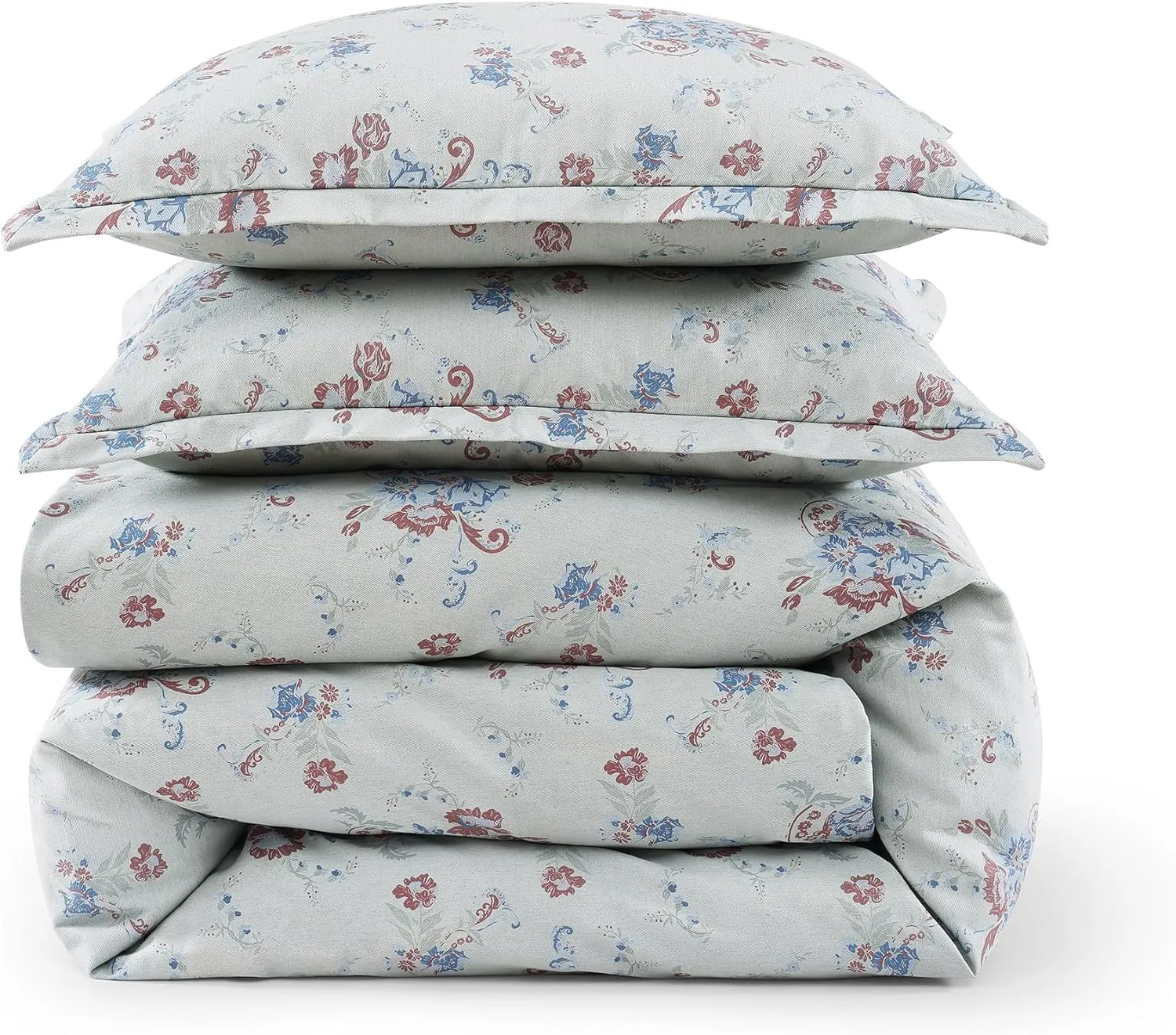 H HIEND ACCENTS Tasha Polizzi for Paseo Road Rosabel Western Bedding, 3 Piece Duvet Cover Set, King Size, Washed Denim Blue Red Sage Floral Bedding, Southwestern Rustic Bed Set with Pillow Shams