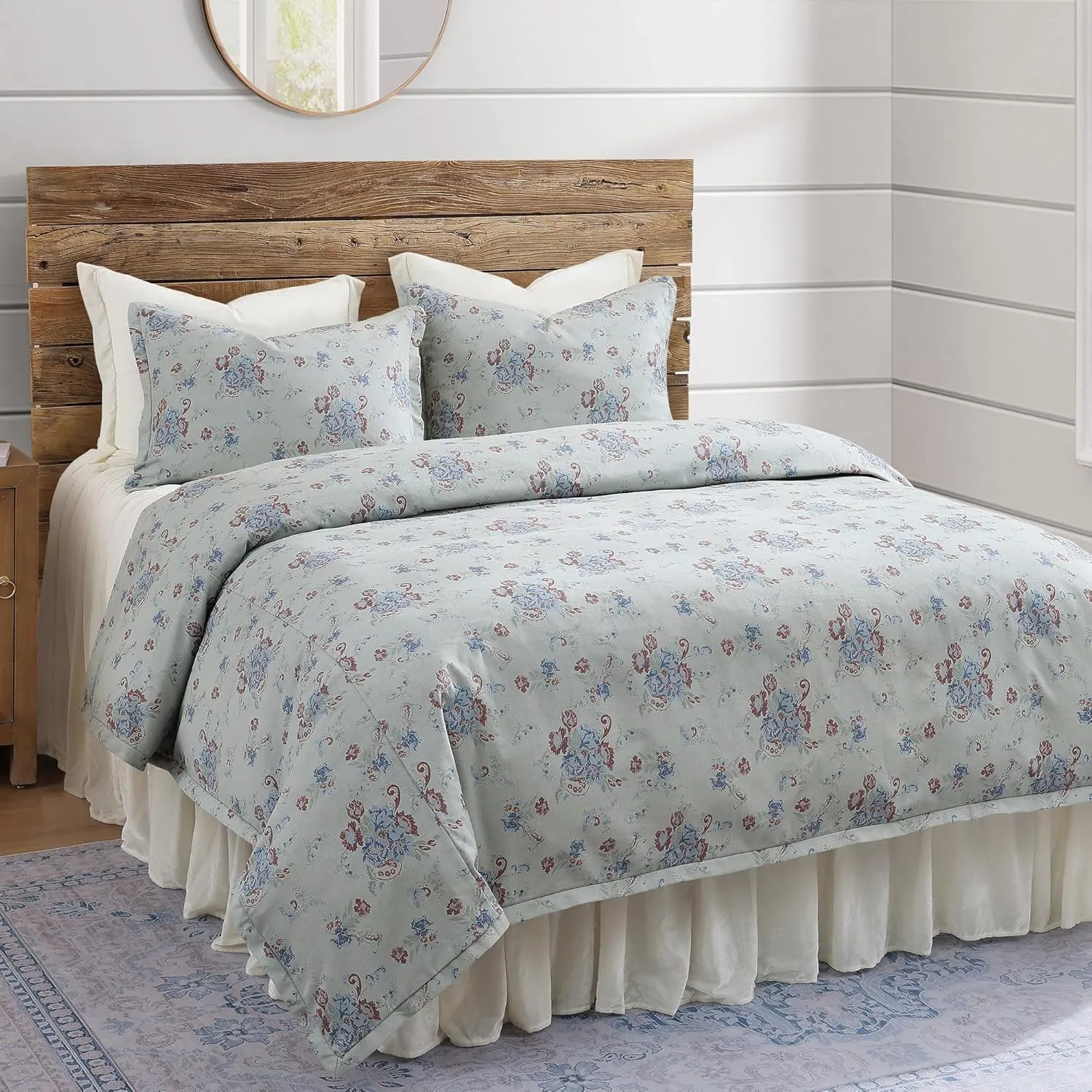 H HIEND ACCENTS Tasha Polizzi for Paseo Road Rosabel Western Bedding, 3 Piece Duvet Cover Set, King Size, Washed Denim Blue Red Sage Floral Bedding, Southwestern Rustic Bed Set with Pillow Shams