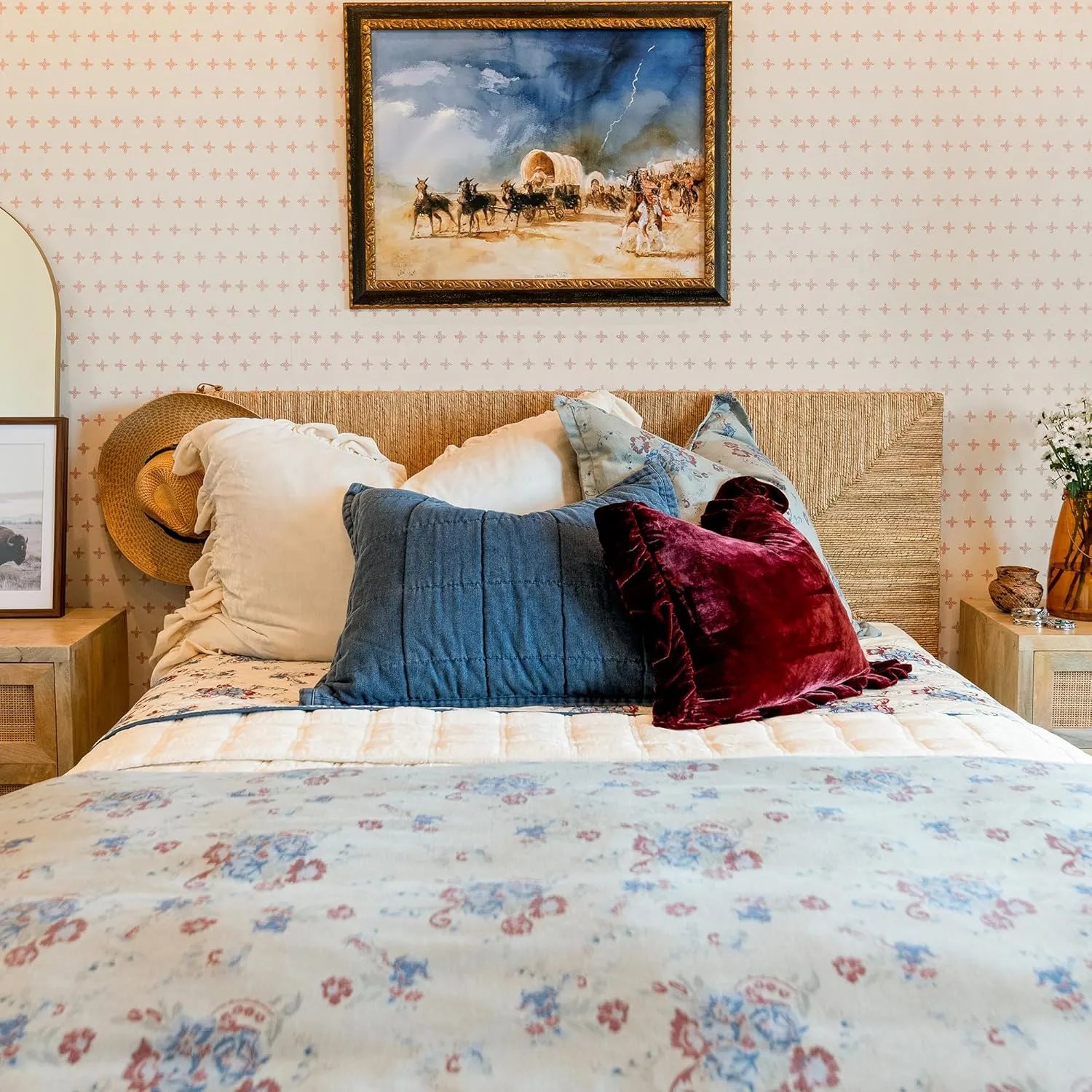 H HIEND ACCENTS Tasha Polizzi for Paseo Road Rosabel Western Bedding, 3 Piece Duvet Cover Set, King Size, Washed Denim Blue Red Sage Floral Bedding, Southwestern Rustic Bed Set with Pillow Shams