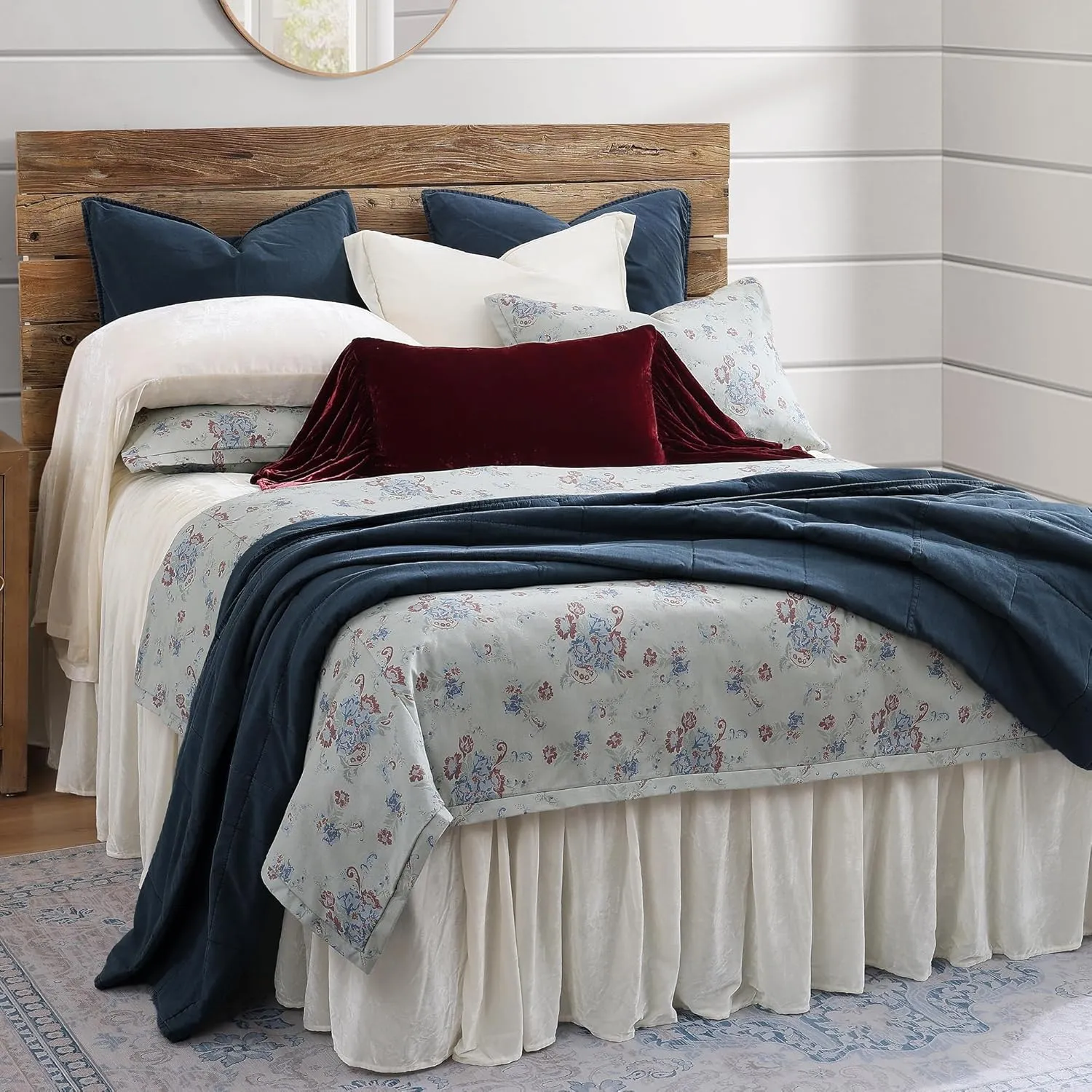 H HIEND ACCENTS Tasha Polizzi for Paseo Road Rosabel Western Bedding, 3 Piece Duvet Cover Set, King Size, Washed Denim Blue Red Sage Floral Bedding, Southwestern Rustic Bed Set with Pillow Shams