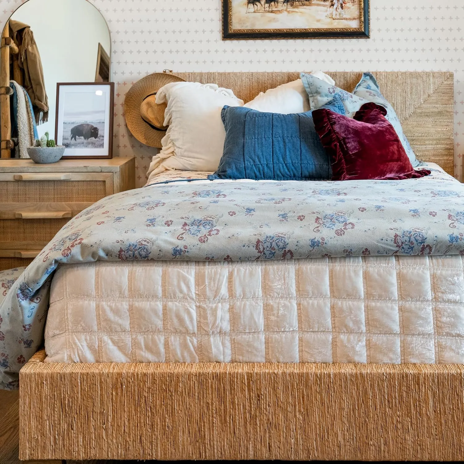 H HIEND ACCENTS Tasha Polizzi for Paseo Road Rosabel Western Bedding, 3 Piece Duvet Cover Set, King Size, Washed Denim Blue Red Sage Floral Bedding, Southwestern Rustic Bed Set with Pillow Shams
