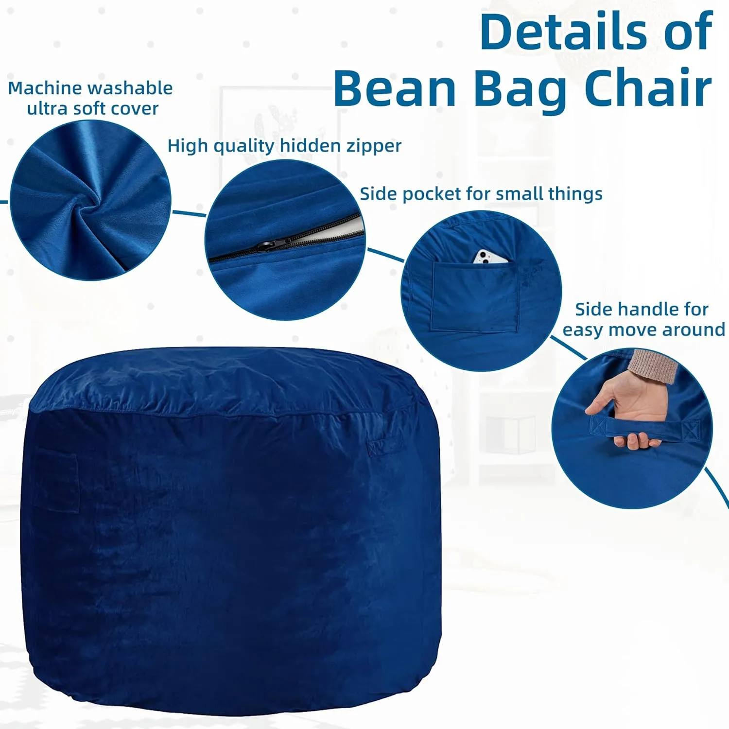 HABUTWAY Bean Bag Chair: Giant 4' Memory Foam Furniture Bean Bag Chairs for Adults with Microfiber Cover 4Ft (Blue)