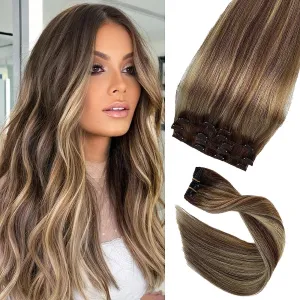 Hair Extensions 20 Inch Clip in Hair Extensions Real Human Hair Ombre Brown to Bleach Brown with Bleach Blonde Highlighted Seamless Hair Extensions Clip in 70g 70pcs