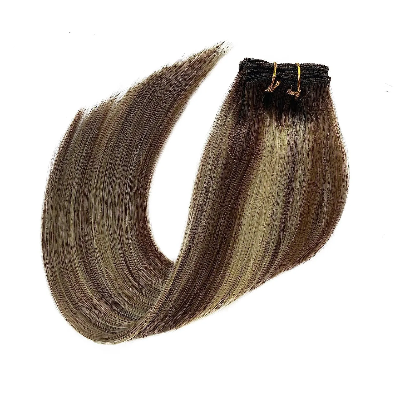 Hair Extensions 20 Inch Clip in Hair Extensions Real Human Hair Ombre Brown to Bleach Brown with Bleach Blonde Highlighted Seamless Hair Extensions Clip in 70g 70pcs