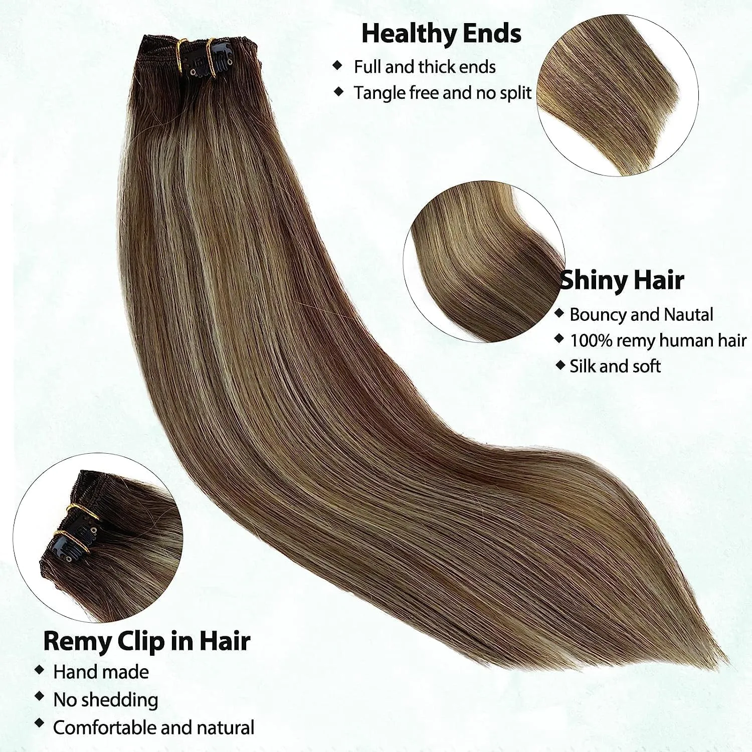 Hair Extensions 20 Inch Clip in Hair Extensions Real Human Hair Ombre Brown to Bleach Brown with Bleach Blonde Highlighted Seamless Hair Extensions Clip in 70g 70pcs