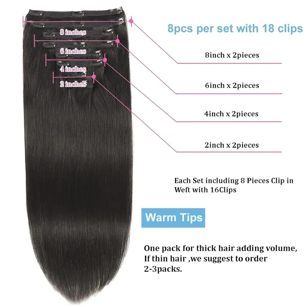 Hair Extensions Clip in Hair Extensions Brazilian Remy Human Hair Extensions for Women 8Pcs 120g Double Weft Silky Straight Clip in Hair Extensions Natural Color Hair Pieces(14 Inch)