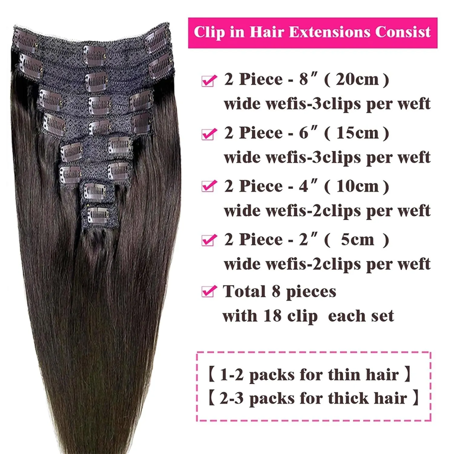Hair Extensions Clip in Hair Extensions Remy Hair Extensions Straight Clip in Human Hair Color 2 Dark Brown Hair Clip in Extensions for Thin Hair 8 Pieces 120Grams Hair Extensions Hair Pieces(14 Inch,