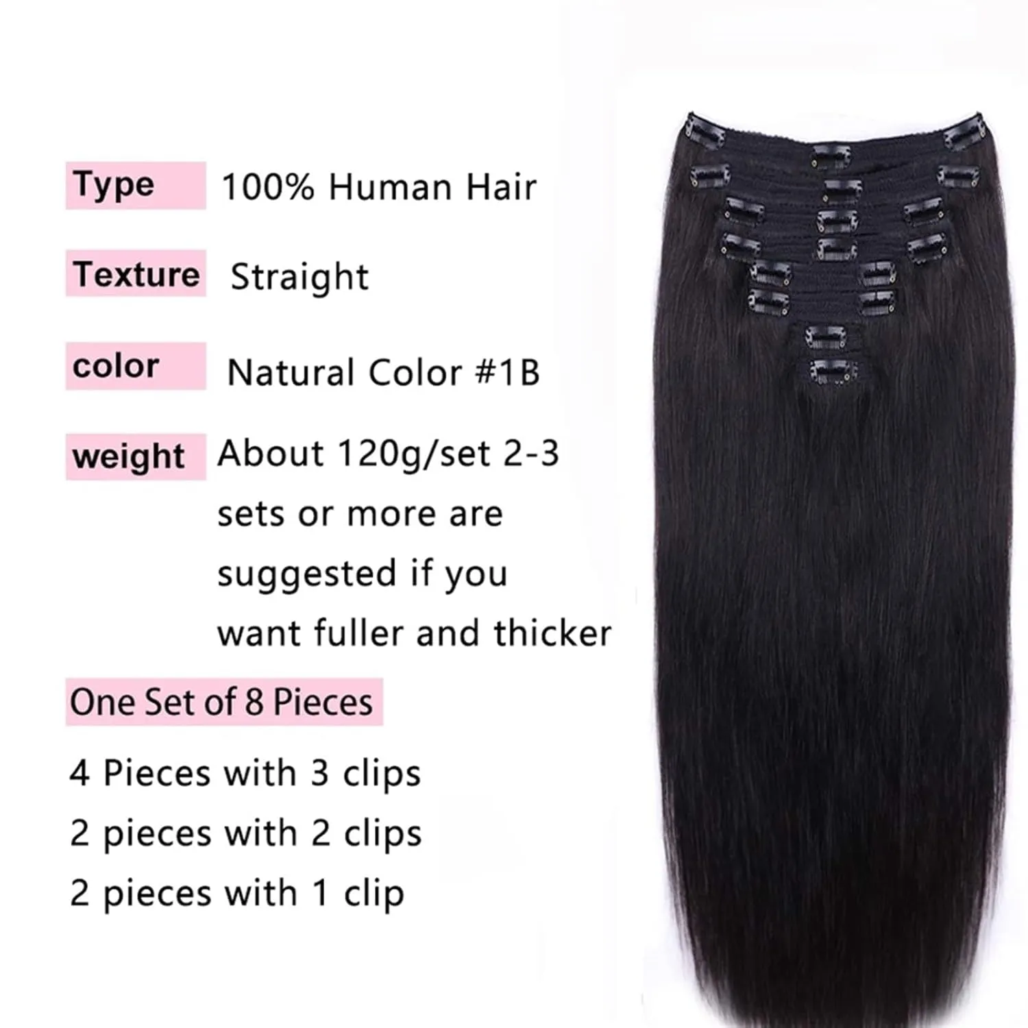 Hair Extensions Clip In Human Hair Extensions, Real Remy Thick Straight Clip Ins Black Human Hair Extensions for Relaxed Hair 7 Pieces Per Set for Women, 1B 120 Gram Hair Pieces(20inches,240g)
