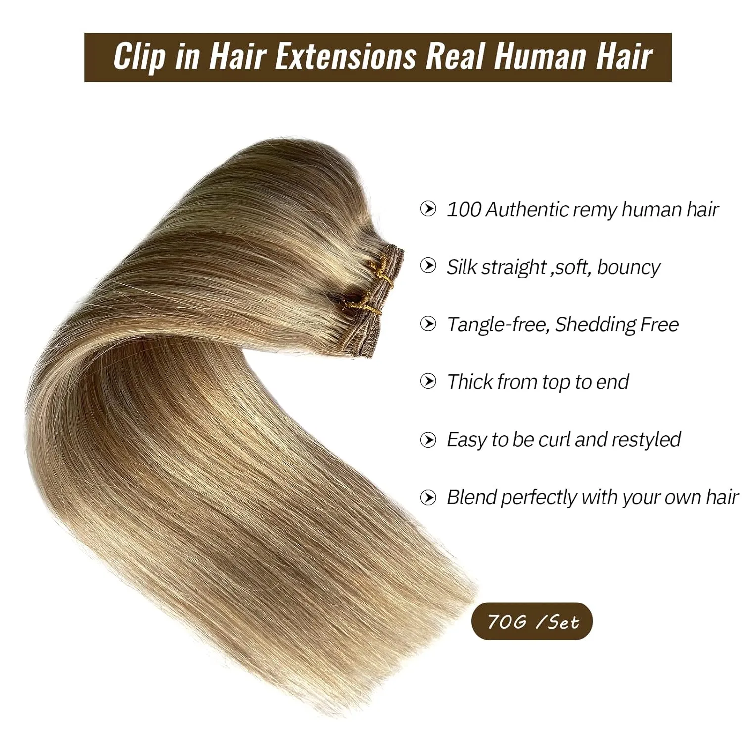 Hair Extensions Real Human Hair Clip ins, Remy Human Hair Clip in Extensions 7 Pieces 70G Golden Blonde to Light Blonde Highlights Double Wefts Clip in Hair Extensions for Fine Hair Women 16 Inch