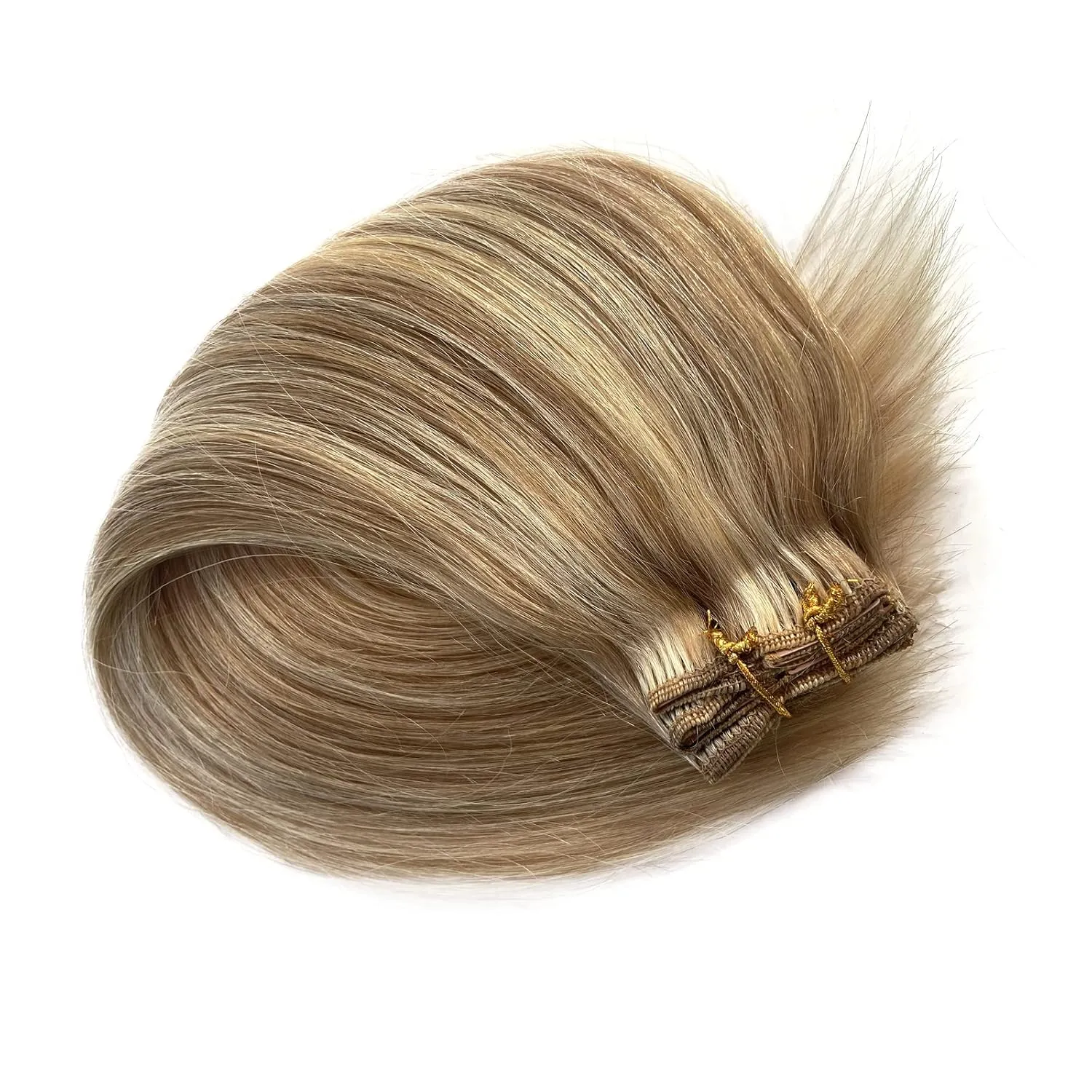 Hair Extensions Real Human Hair Clip ins, Remy Human Hair Clip in Extensions 7 Pieces 70G Golden Blonde to Light Blonde Highlights Double Wefts Clip in Hair Extensions for Fine Hair Women 16 Inch