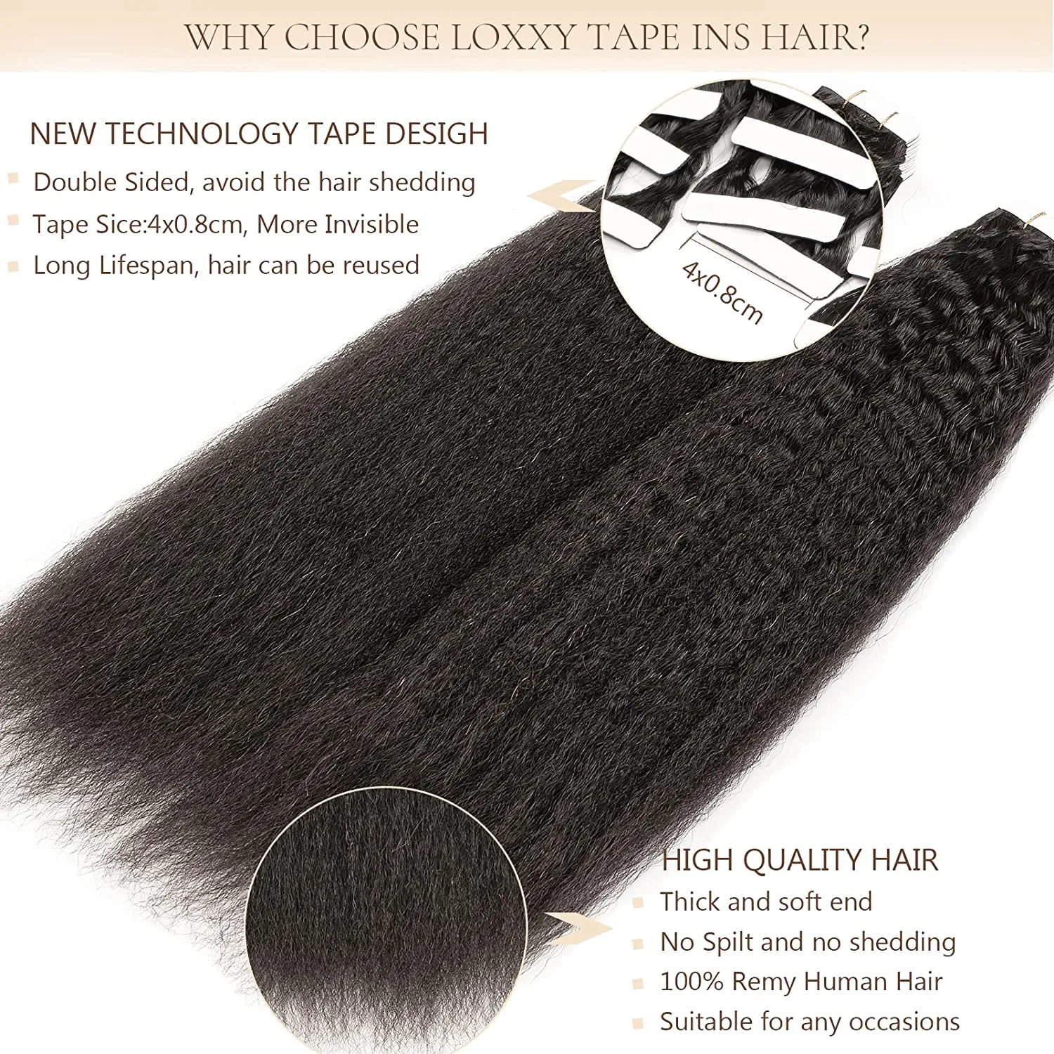 Hair Extensions Tape in Human Hair 14inch Remy Kinky Straight Tape In Extension Curly Natural Black #1B Soft Shiny for Women Kinky Coarse Seamless Skin Weft Better Length Tape in Hair 40grams 16pcs