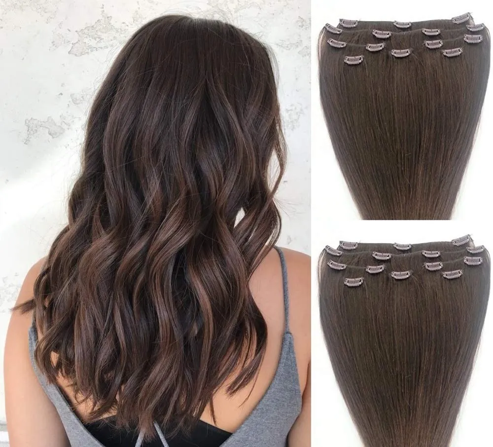 Hair Faux You 24" Clip in Hair Extensions Real Human Hair 100g Clip on for Full Head 7 pieces, 14 clips, Silky Straight Weft Remy Hair Color #3 Medium Dark Brown