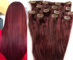Hair Faux You 24" Clip in Hair Extensions Real Human Hair 100g Clip on for Full Head 7 pieces, 14 clips, Silky Straight Weft Remy Hair Color #99J BURGUNDY RED