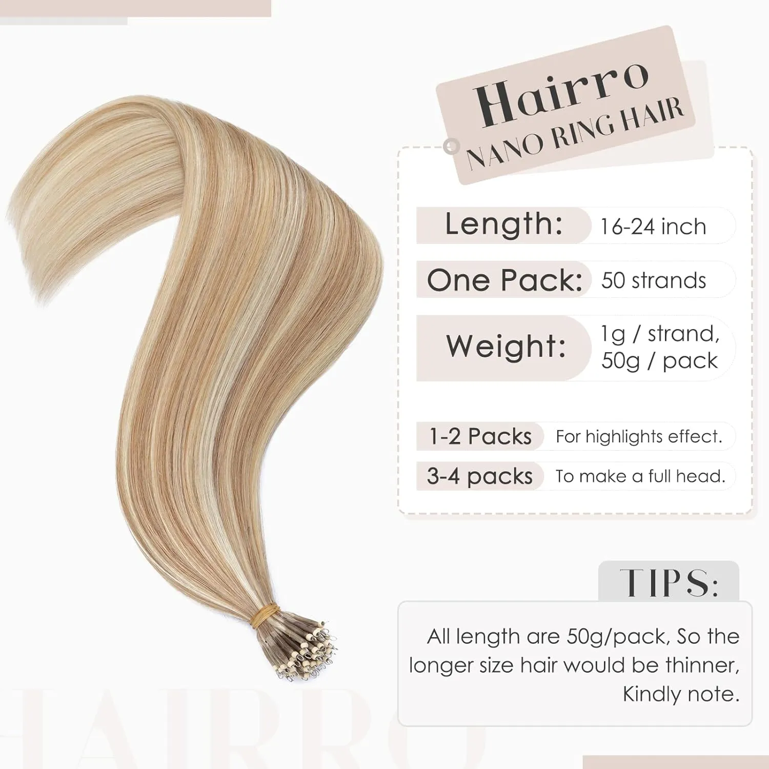 Hairro Bead Human Hair Extensions - Pre Bonded Cold Fusion Nano Ring Hair - Remy Hair for Women - 16inch, 50g/PACK, 50 Strands #12P613 Golden Brown Highlight, Bleach Blonde