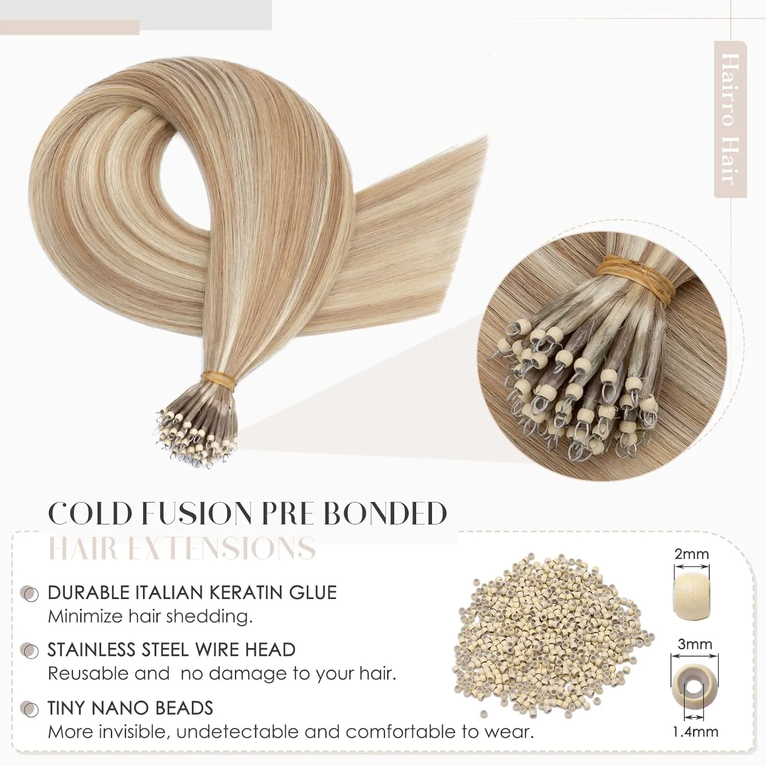 Hairro Bead Human Hair Extensions - Pre Bonded Cold Fusion Nano Ring Hair - Remy Hair for Women - 16inch, 50g/PACK, 50 Strands #12P613 Golden Brown Highlight, Bleach Blonde