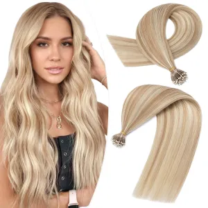 Hairro Bead Human Hair Extensions - Pre Bonded Cold Fusion Nano Ring Hair - Remy Hair for Women - 16inch, 50g/PACK, 50 Strands #12P613 Golden Brown Highlight, Bleach Blonde