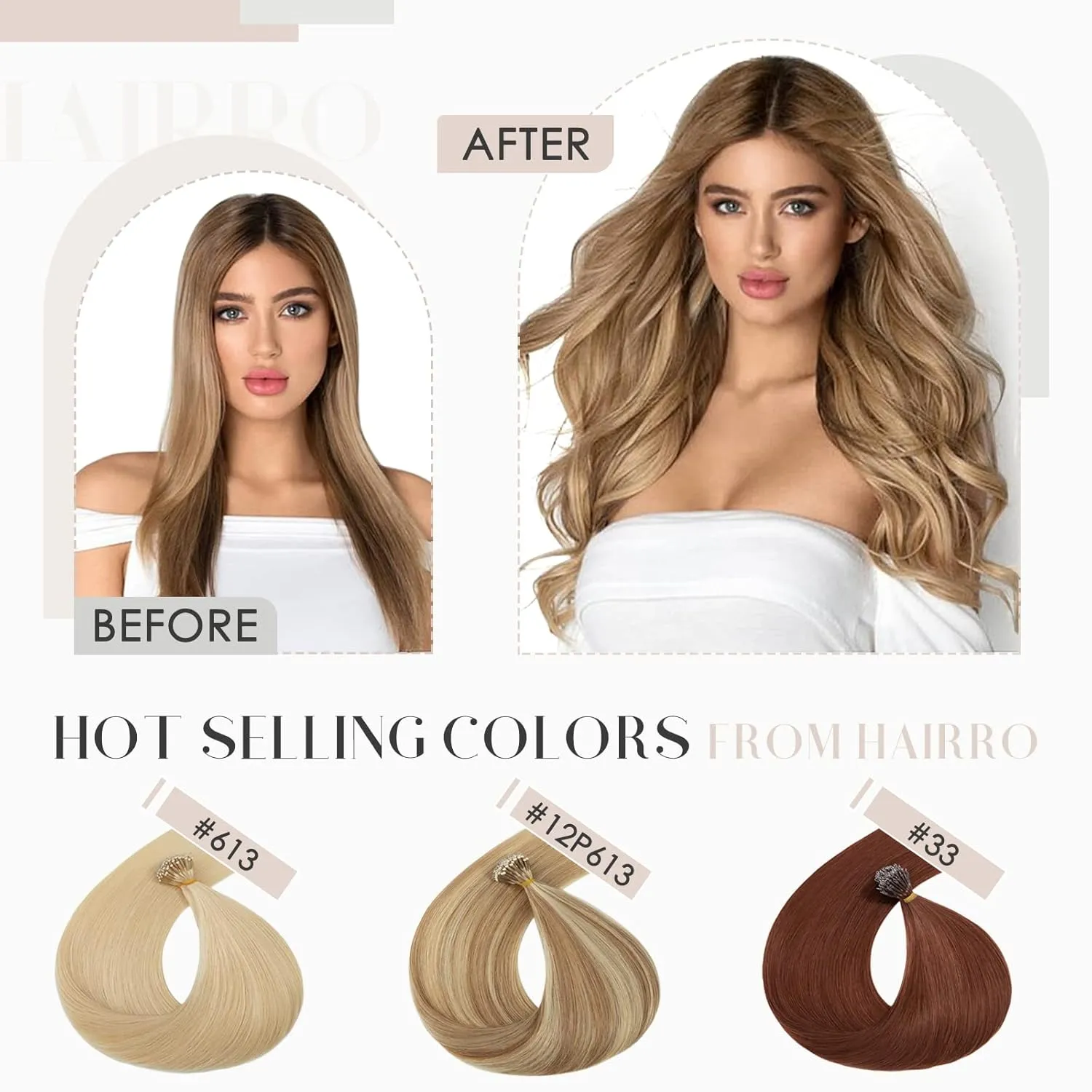 Hairro Bead Human Hair Extensions - Pre Bonded Cold Fusion Nano Ring Hair - Remy Hair for Women - 16inch, 50g/PACK, 50 Strands #12P613 Golden Brown Highlight, Bleach Blonde