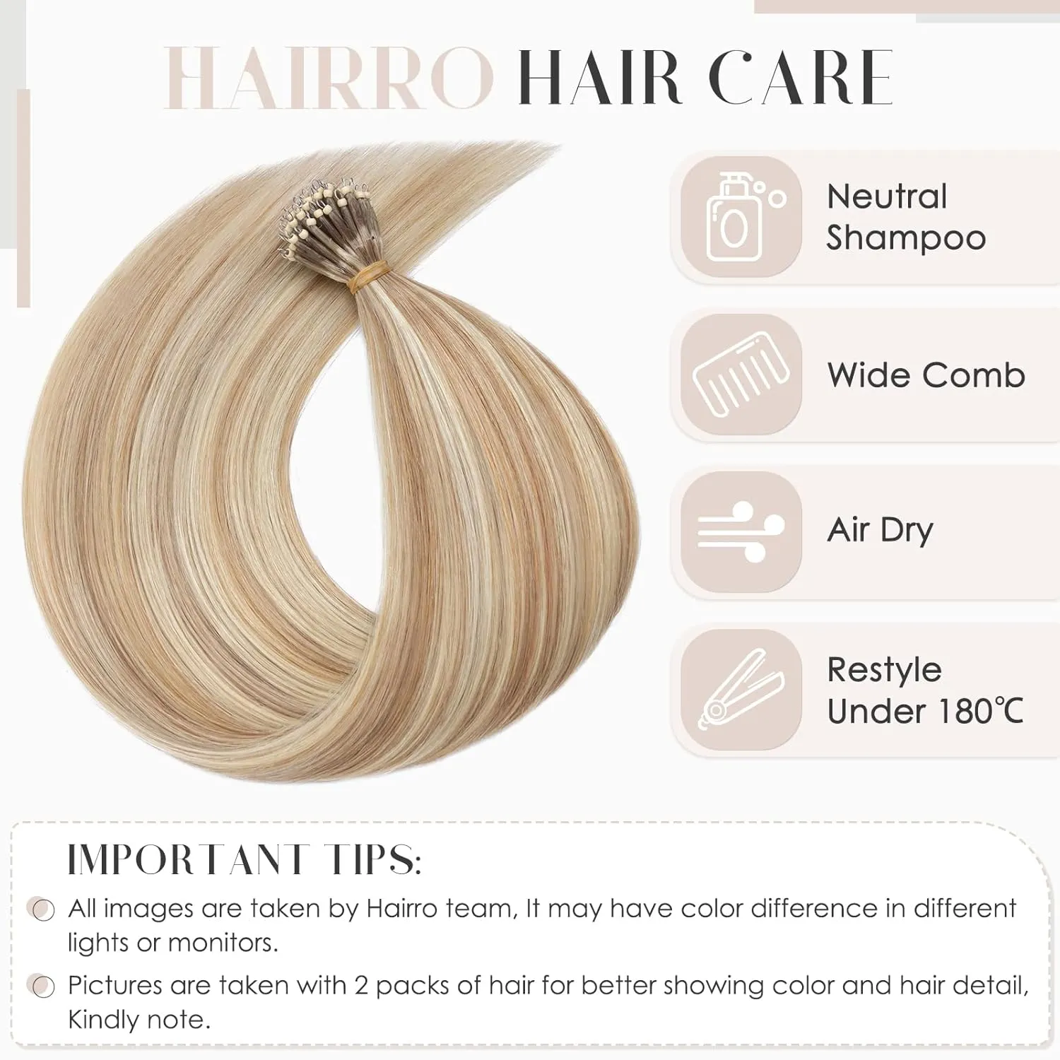 Hairro Bead Human Hair Extensions - Pre Bonded Cold Fusion Nano Ring Hair - Remy Hair for Women - 16inch, 50g/PACK, 50 Strands #12P613 Golden Brown Highlight, Bleach Blonde