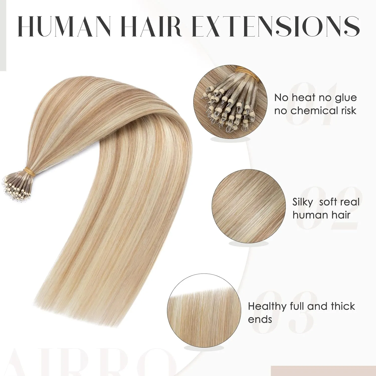 Hairro Bead Human Hair Extensions - Pre Bonded Cold Fusion Nano Ring Hair - Remy Hair for Women - 16inch, 50g/PACK, 50 Strands #12P613 Golden Brown Highlight, Bleach Blonde