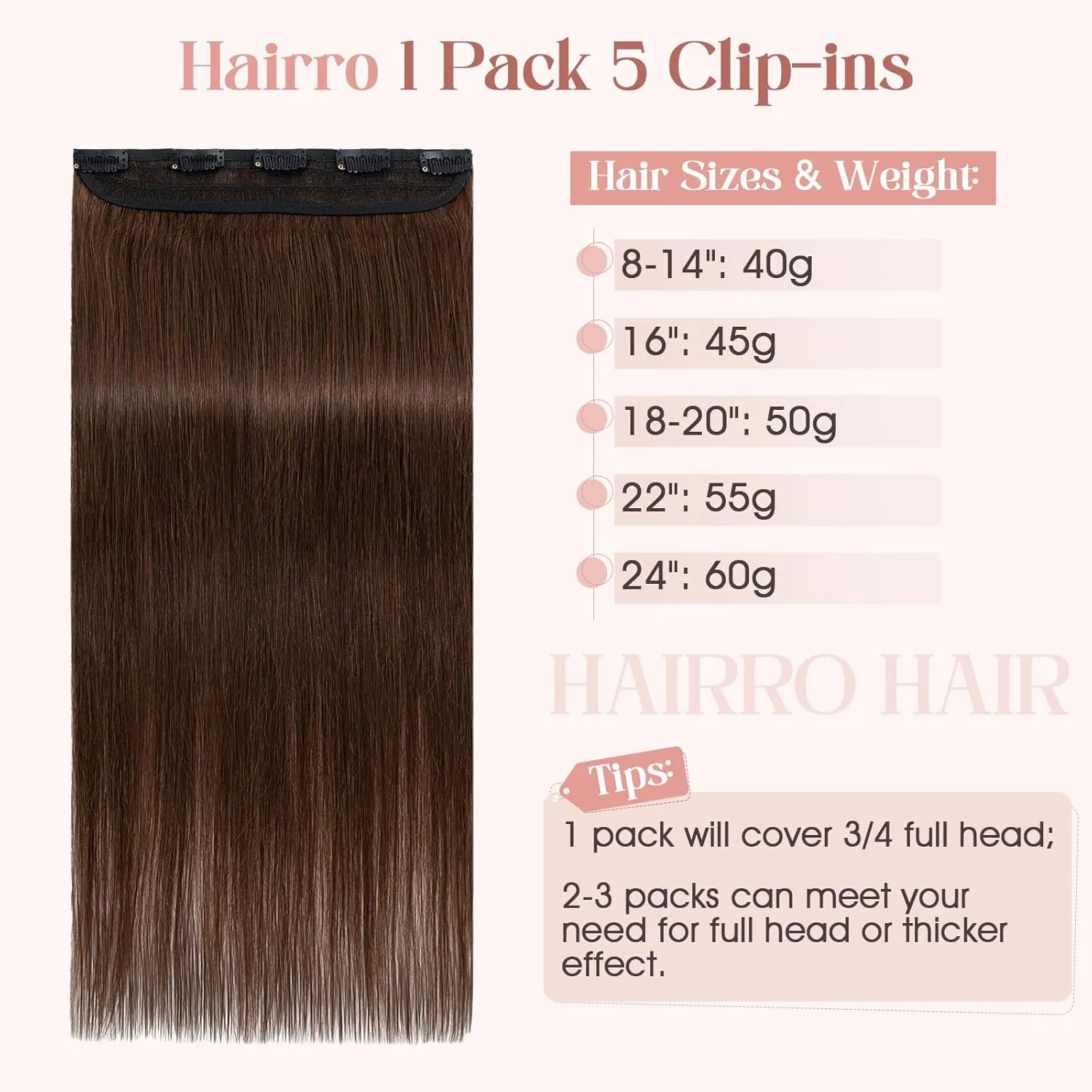 Hairro Clip in Hair Extensions 100% Human Hair #4 Medium Brown Thin Clip on Human Hairpieces 8 Inch Short Straight Standard Weft One Piece 5 Clips 40g for Women