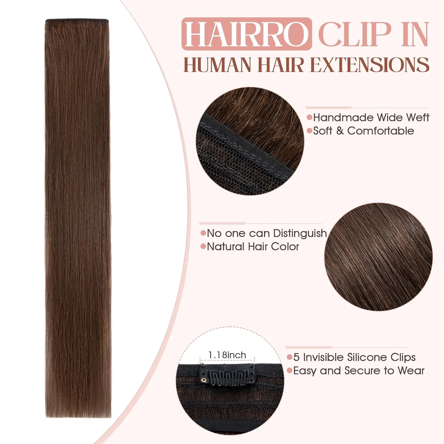 Hairro Clip in Hair Extensions 100% Human Hair #4 Medium Brown Thin Clip on Human Hairpieces 8 Inch Short Straight Standard Weft One Piece 5 Clips 40g for Women