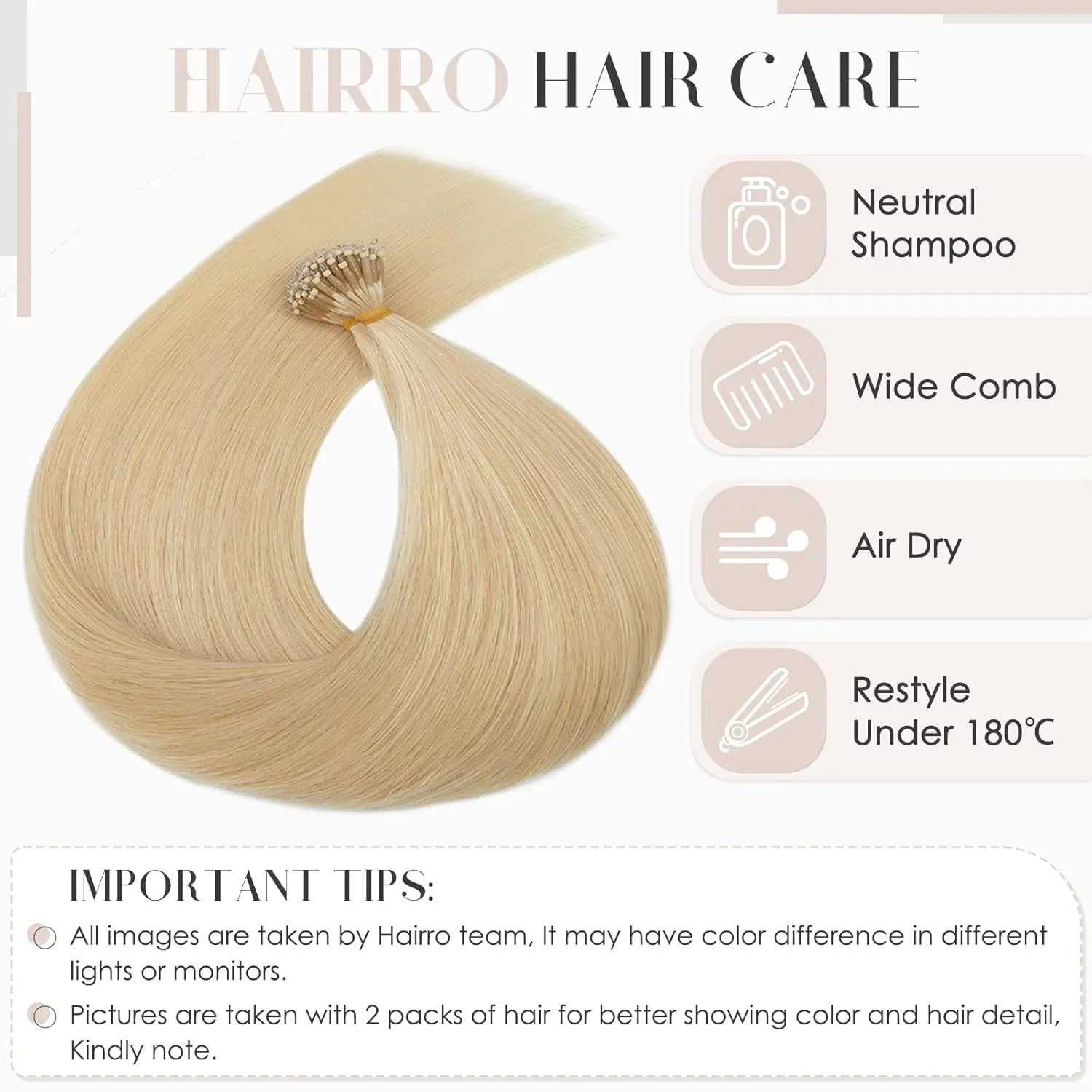 Hairro Nano Tip Remy Hair Extensions Nano Ring Human Hair Extensions Cold Fushion Tipped Real Hair Micro Beads Links Hairpiece Full Head Hair For Women 16inch 50g/PACK 50 Strands #613 Light Blonde