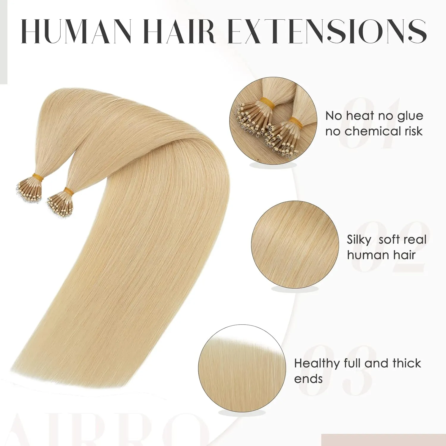 Hairro Nano Tip Remy Hair Extensions Nano Ring Human Hair Extensions Cold Fushion Tipped Real Hair Micro Beads Links Hairpiece Full Head Hair For Women 16inch 50g/PACK 50 Strands #613 Light Blonde