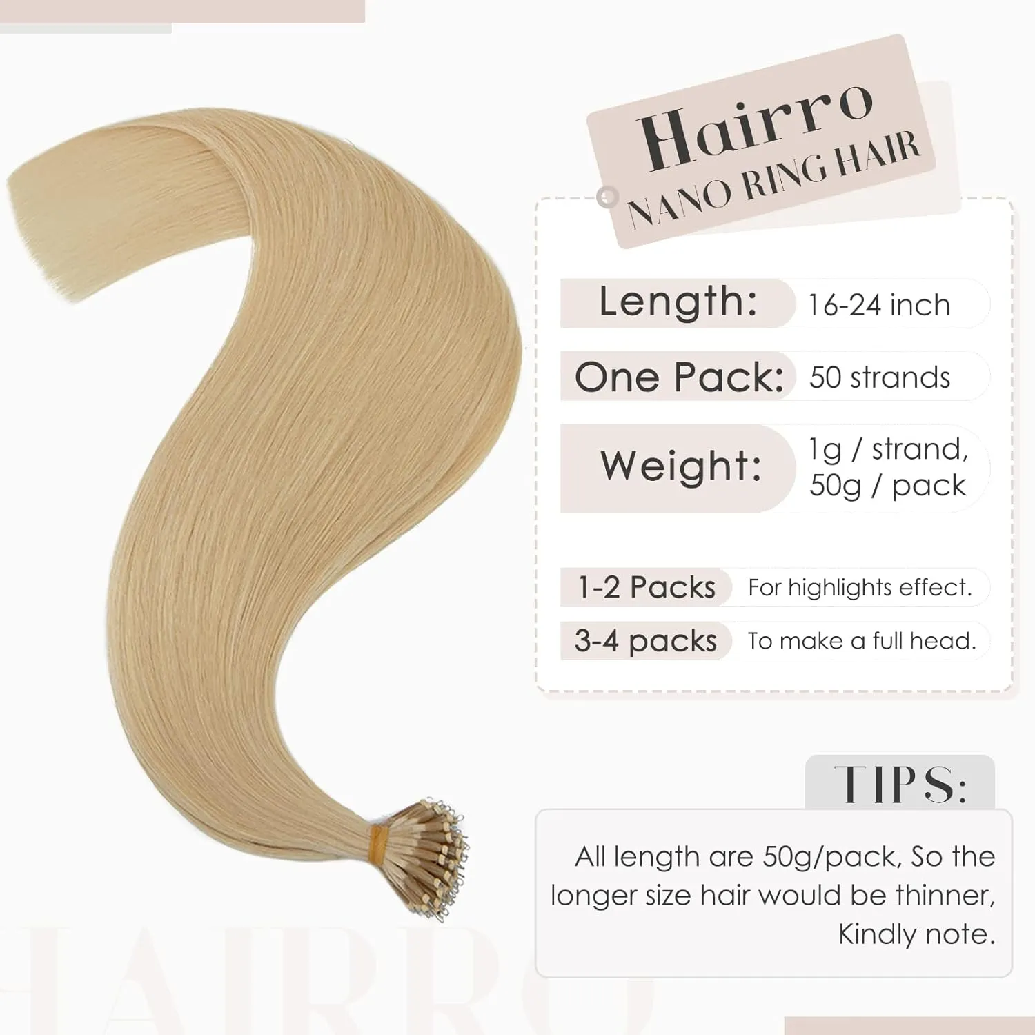 Hairro Nano Tip Remy Hair Extensions Nano Ring Human Hair Extensions Cold Fushion Tipped Real Hair Micro Beads Links Hairpiece Full Head Hair For Women 16inch 50g/PACK 50 Strands #613 Light Blonde