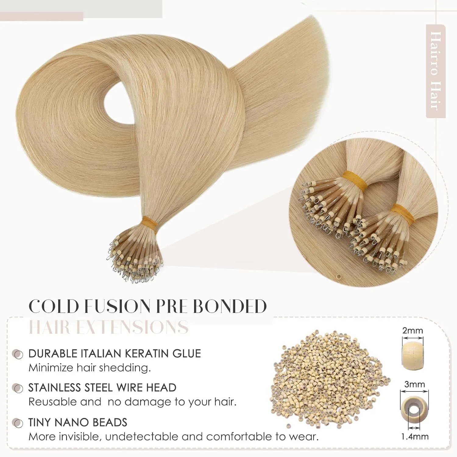 Hairro Nano Tip Remy Hair Extensions Nano Ring Human Hair Extensions Cold Fushion Tipped Real Hair Micro Beads Links Hairpiece Full Head Hair For Women 16inch 50g/PACK 50 Strands #613 Light Blonde