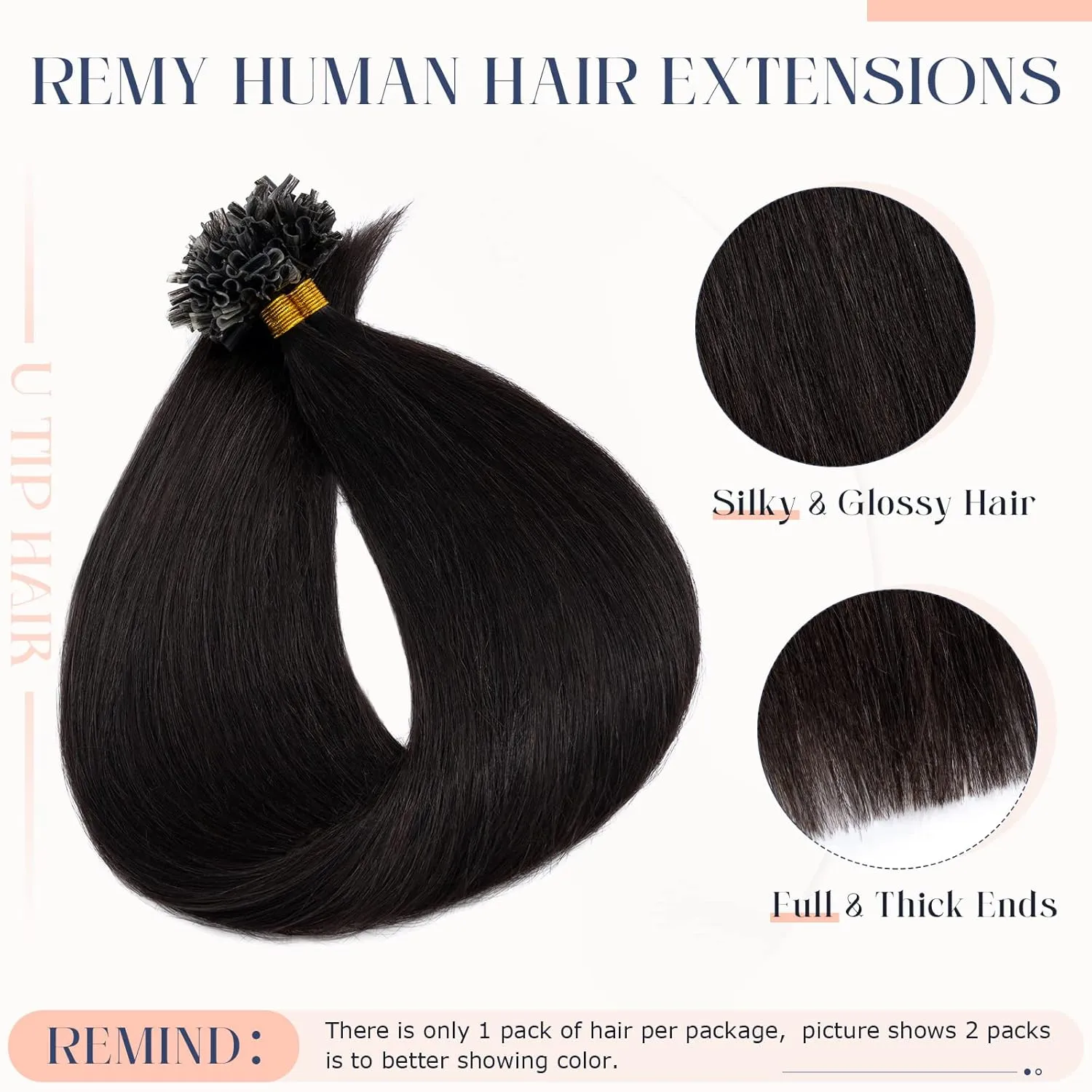 Hairro Remy Pre Bonded Fusion Utip Hair Extensions 100% Human Hair Glue Stick U-tip Invisible Tipped Hair Piece Nail Tipped 100 Strands Keratin Stick Silky U Tip Hair 100 Strands 18" 50g #1B Black