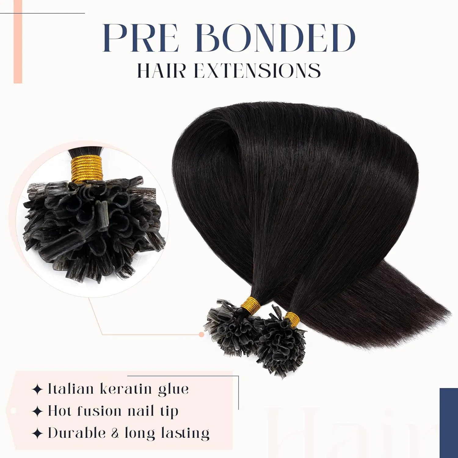 Hairro Remy Pre Bonded Fusion Utip Hair Extensions 100% Human Hair Glue Stick U-tip Invisible Tipped Hair Piece Nail Tipped 100 Strands Keratin Stick Silky U Tip Hair 100 Strands 18" 50g #1B Black