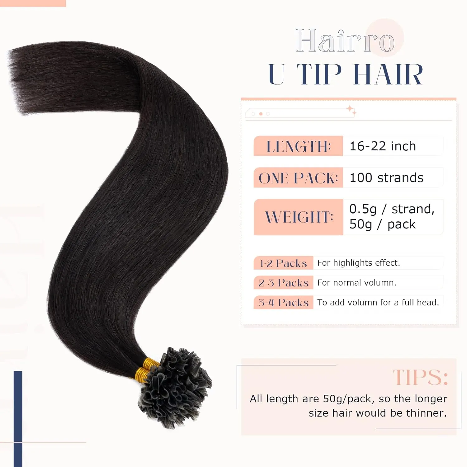 Hairro Remy Pre Bonded Fusion Utip Hair Extensions 100% Human Hair Glue Stick U-tip Invisible Tipped Hair Piece Nail Tipped 100 Strands Keratin Stick Silky U Tip Hair 100 Strands 18" 50g #1B Black