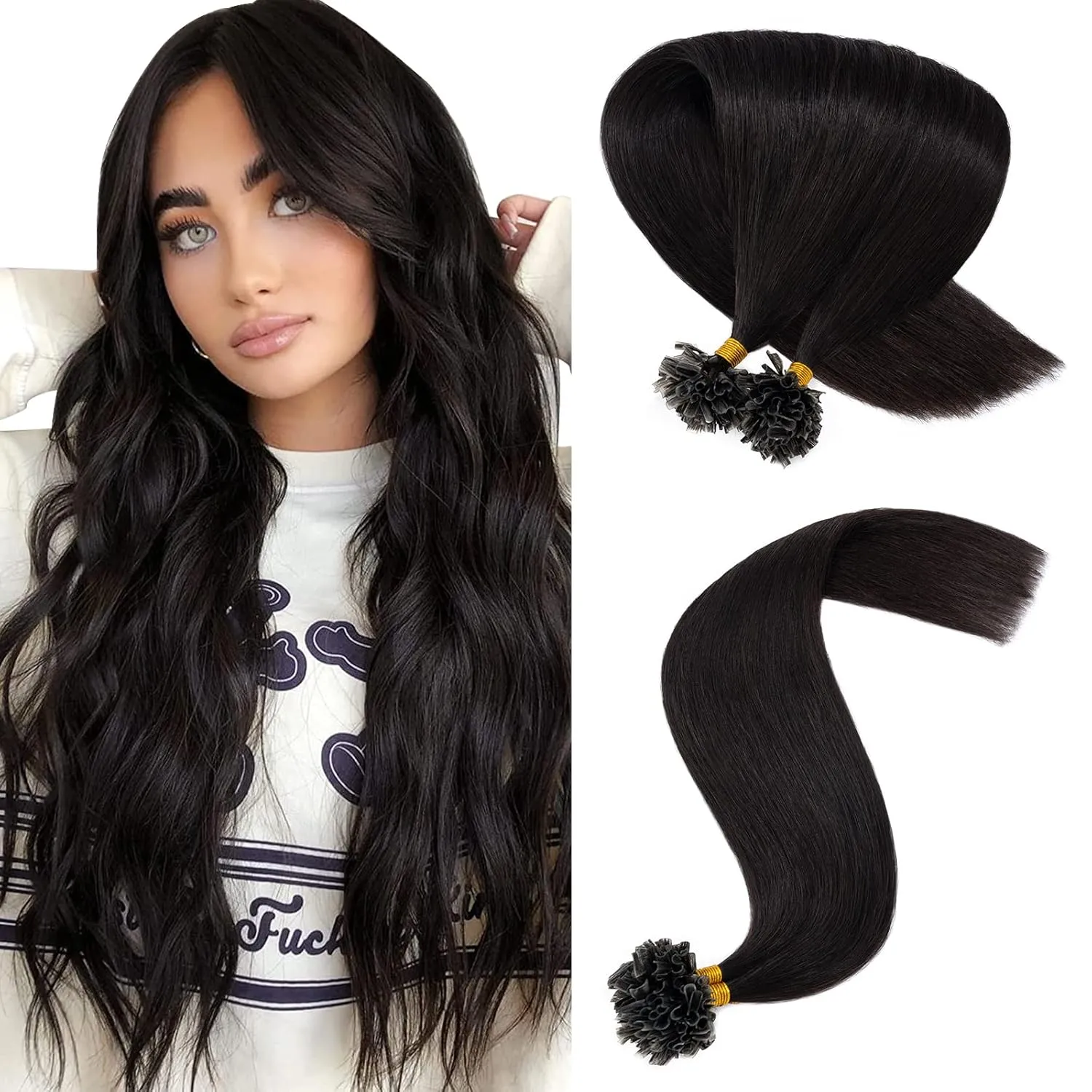 Hairro Remy Pre Bonded Fusion Utip Hair Extensions 100% Human Hair Glue Stick U-tip Invisible Tipped Hair Piece Nail Tipped 100 Strands Keratin Stick Silky U Tip Hair 100 Strands 18" 50g #1B Black