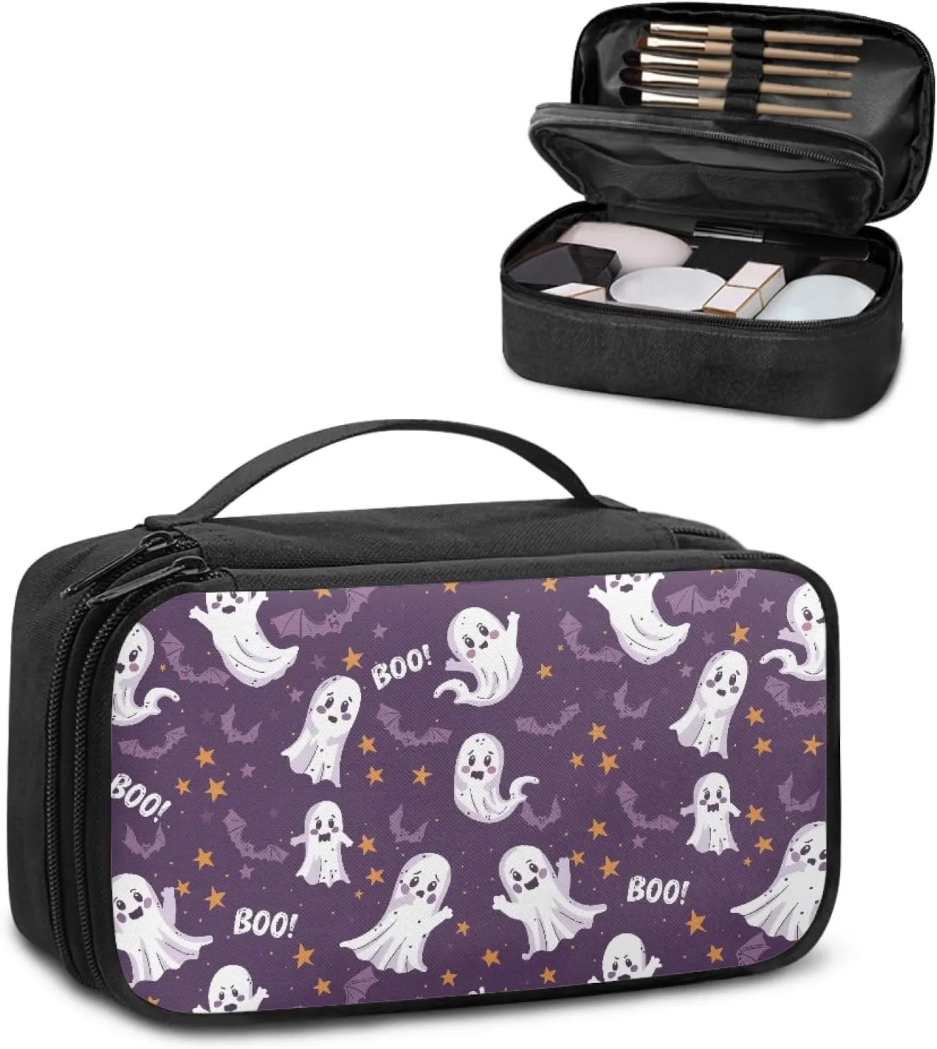 Halloween Ladies Makeup Bag for Women Cute Ghost Cosmetic Bag,Bat Make Up Bag for Madam Star Prints Skincare Organizer with Double Layer Woman Cosmetics Bag for Office Supplies