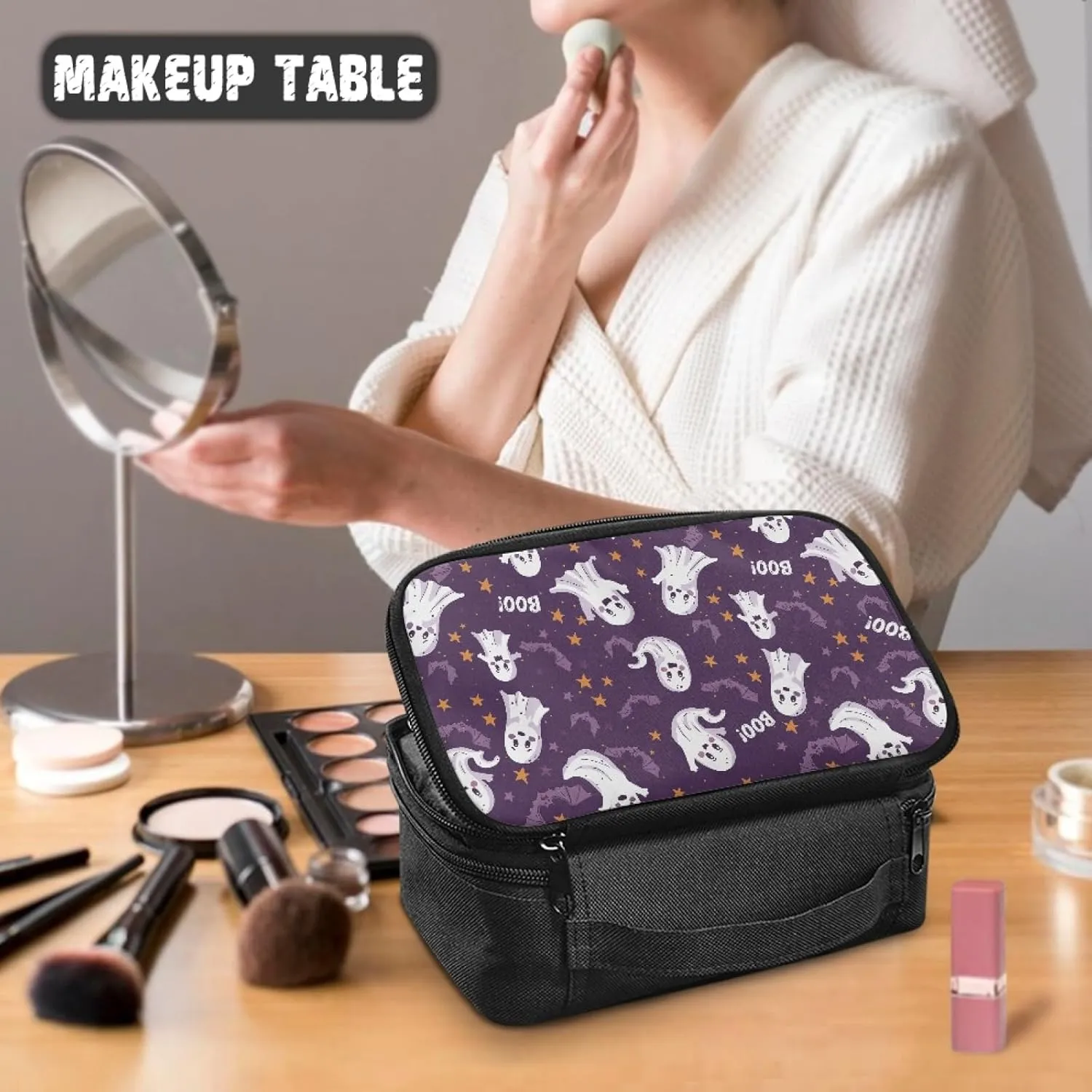 Halloween Ladies Makeup Bag for Women Cute Ghost Cosmetic Bag,Bat Make Up Bag for Madam Star Prints Skincare Organizer with Double Layer Woman Cosmetics Bag for Office Supplies