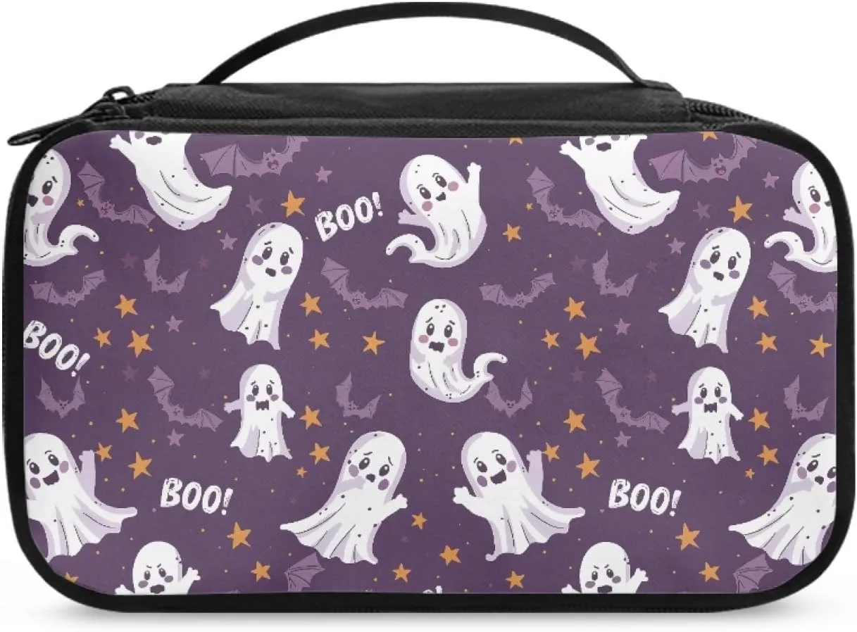 Halloween Ladies Makeup Bag for Women Cute Ghost Cosmetic Bag,Bat Make Up Bag for Madam Star Prints Skincare Organizer with Double Layer Woman Cosmetics Bag for Office Supplies