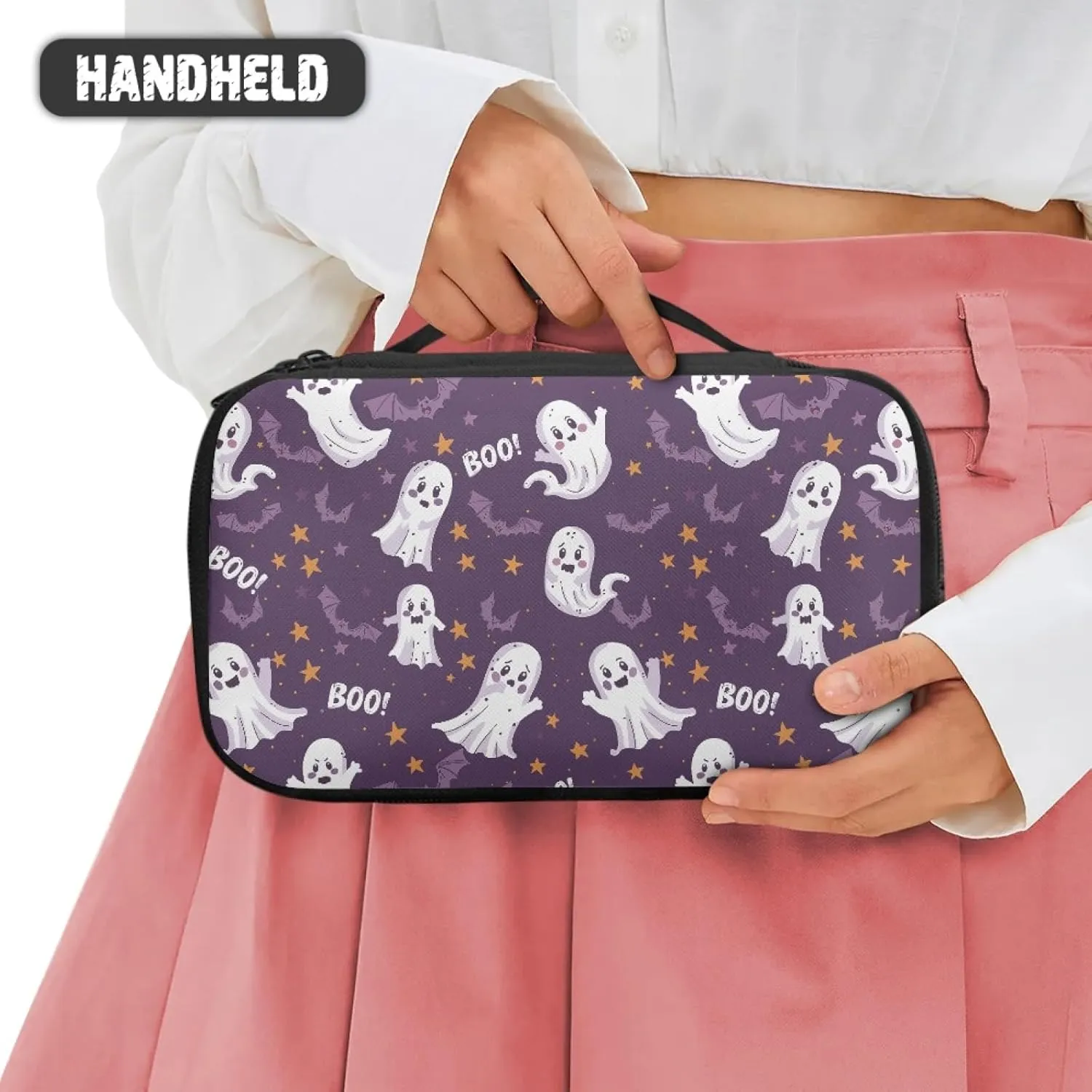 Halloween Ladies Makeup Bag for Women Cute Ghost Cosmetic Bag,Bat Make Up Bag for Madam Star Prints Skincare Organizer with Double Layer Woman Cosmetics Bag for Office Supplies