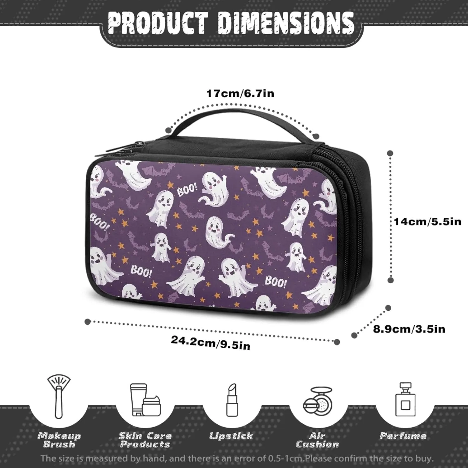 Halloween Ladies Makeup Bag for Women Cute Ghost Cosmetic Bag,Bat Make Up Bag for Madam Star Prints Skincare Organizer with Double Layer Woman Cosmetics Bag for Office Supplies