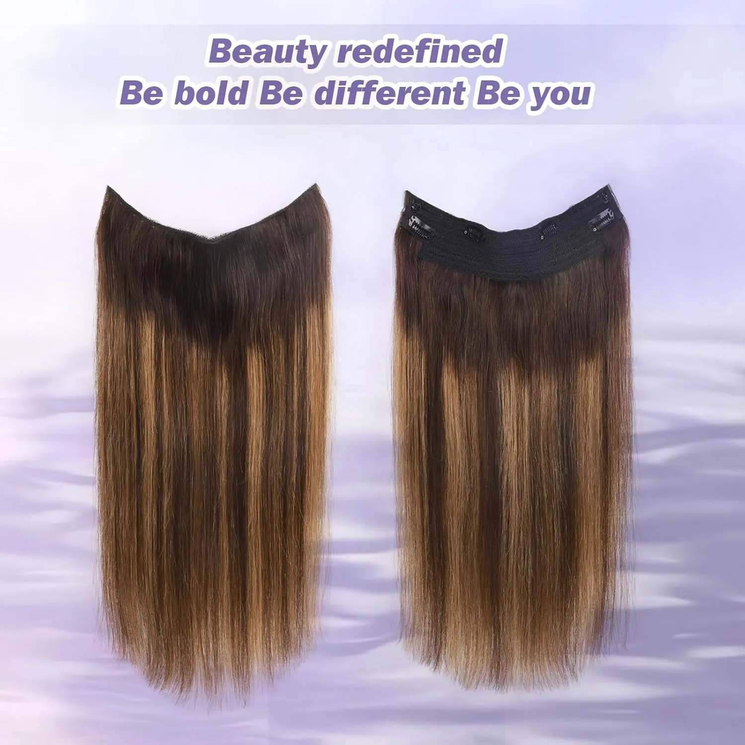 Halo Hair Extensions Real Human Hair Invisible Wire Hair Extensions with Transparent Wire Adjustable Size Removable Secure Clips in Straight Secret Hairpiece（80g,16Inch Dark Brown to Chestnut Brown）