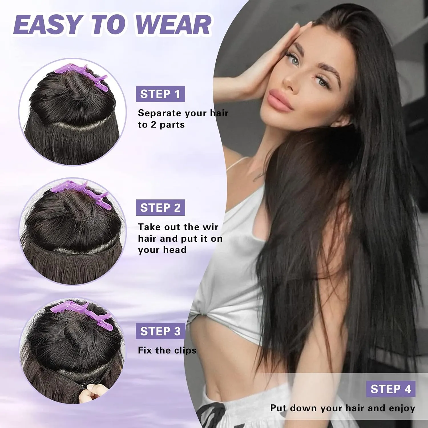 Halo Hair Extensions Real Human Hair Invisible Wire Hair Extensions with Transparent Wire Adjustable Size Removable Secure Clips in Straight Secret Hairpiece（80g,16Inch Dark Brown to Chestnut Brown）