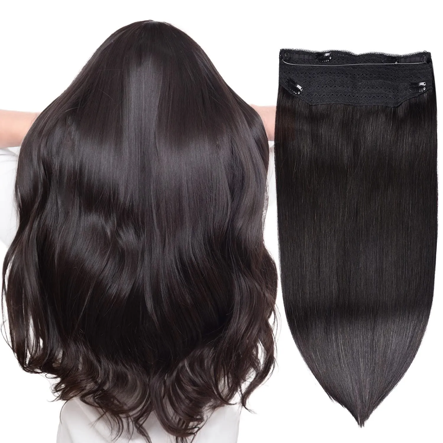 Halo Hair Extensions Real Human Hair -Nature Black Real Remy, Halo Extensions Human Hair 18inch 80g