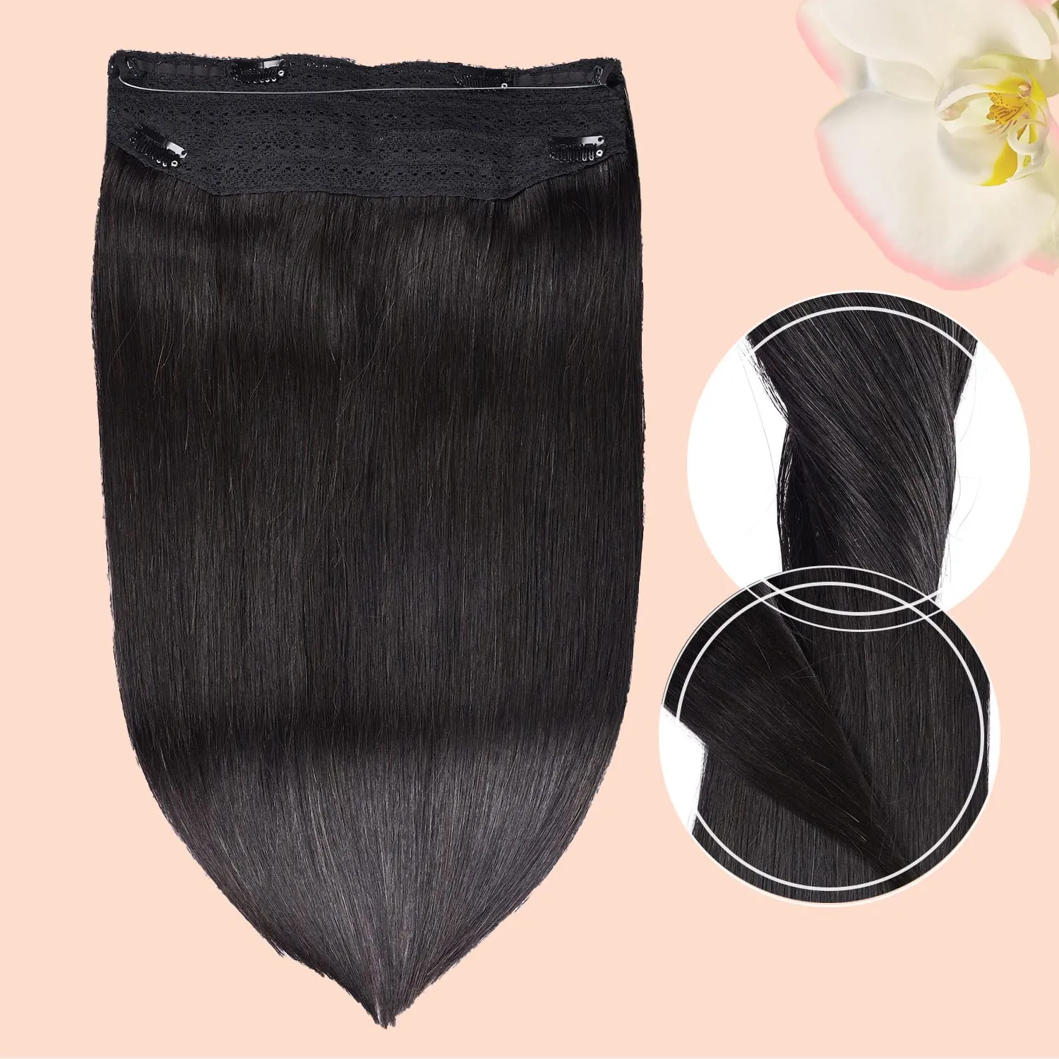 Halo Hair Extensions Real Human Hair -Nature Black Real Remy, Halo Extensions Human Hair 18inch 80g