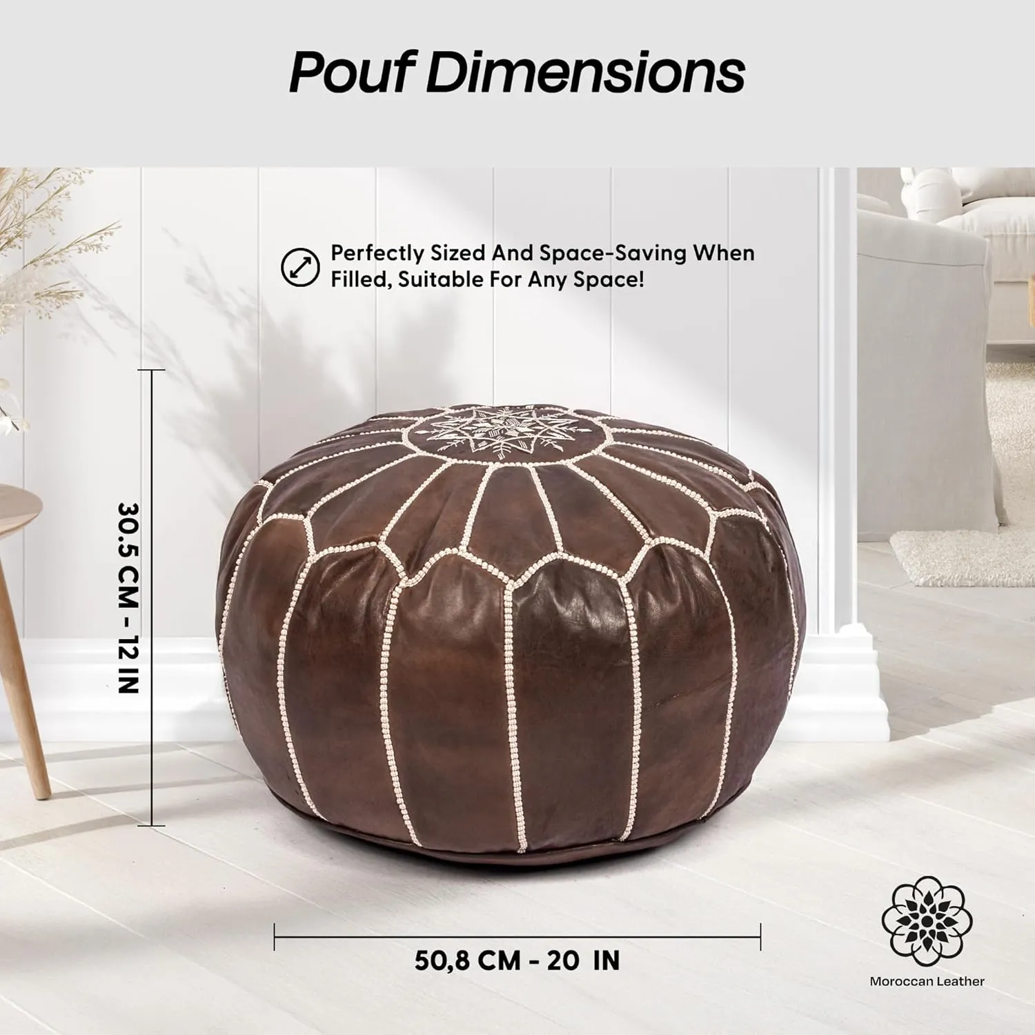 Handmade Moroccan Genuine Leather Pouf Ottoman Cover – Unstuffed Foot Stool Ottoman, Boho Foot Rest Under Desk, Round Ottoman for Living Room, Bedroom - Housewarming Gifts New Home, Weddings Gifts