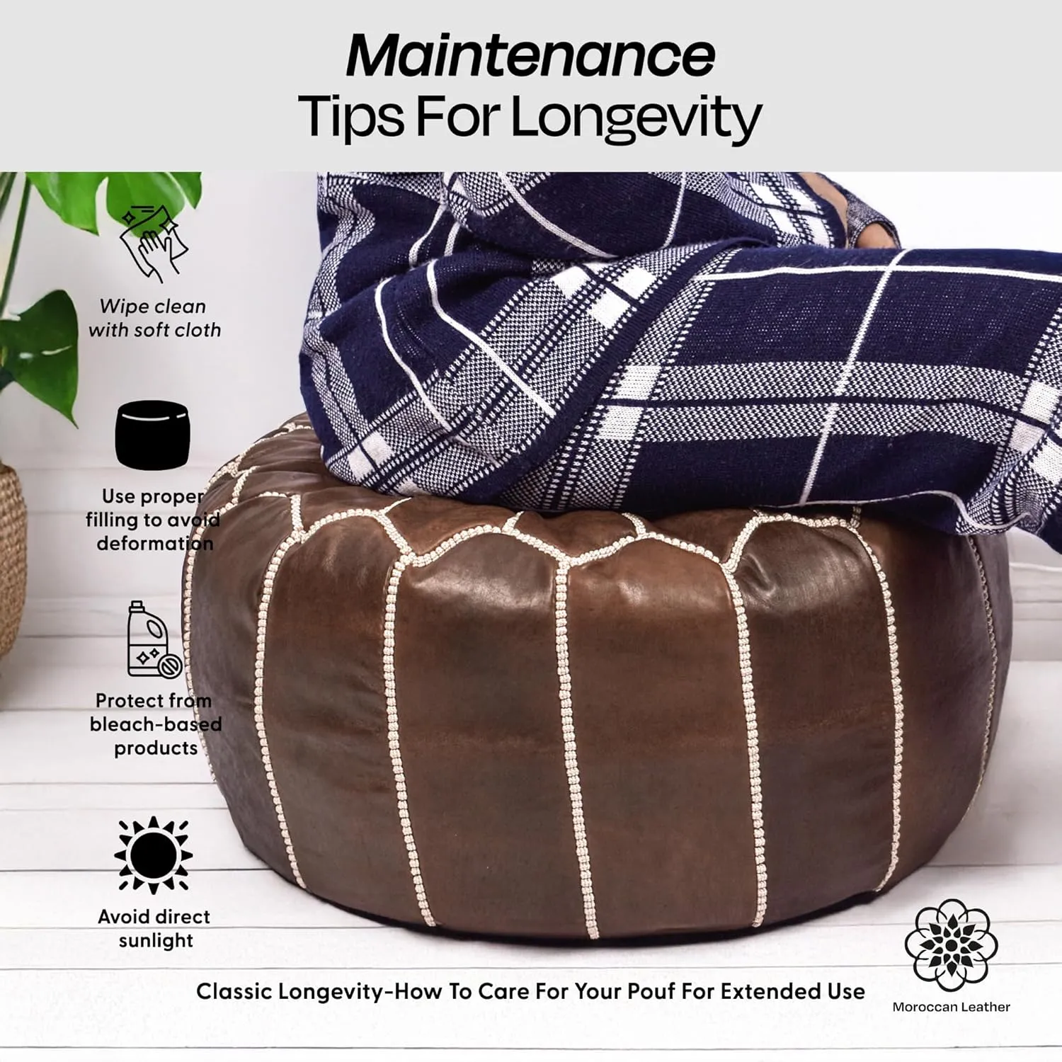 Handmade Moroccan Genuine Leather Pouf Ottoman Cover – Unstuffed Foot Stool Ottoman, Boho Foot Rest Under Desk, Round Ottoman for Living Room, Bedroom - Housewarming Gifts New Home, Weddings Gifts