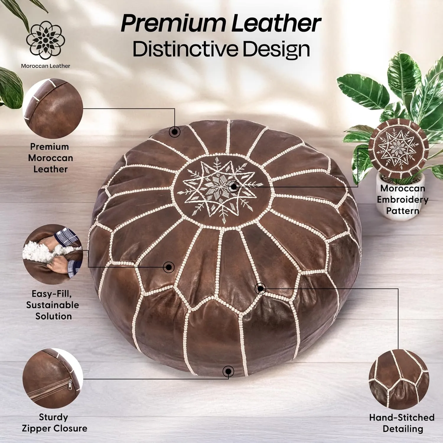 Handmade Moroccan Genuine Leather Pouf Ottoman Cover – Unstuffed Foot Stool Ottoman, Boho Foot Rest Under Desk, Round Ottoman for Living Room, Bedroom - Housewarming Gifts New Home, Weddings Gifts