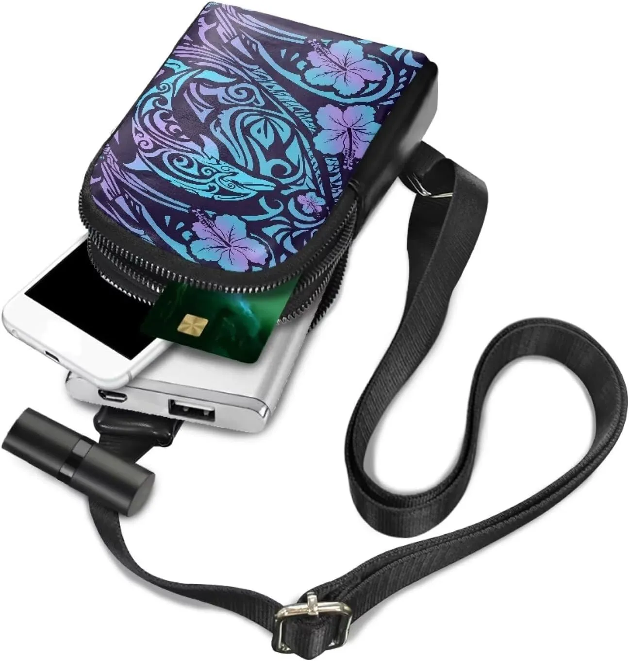 Hawaii Ethnic Dolphin Print Sling Bag for Women, Tropic Folk Stripes Flowers Crossbody Bag Cross Body, Purple Travel Purse PU Leather Small Fanny Pack Waist Bag